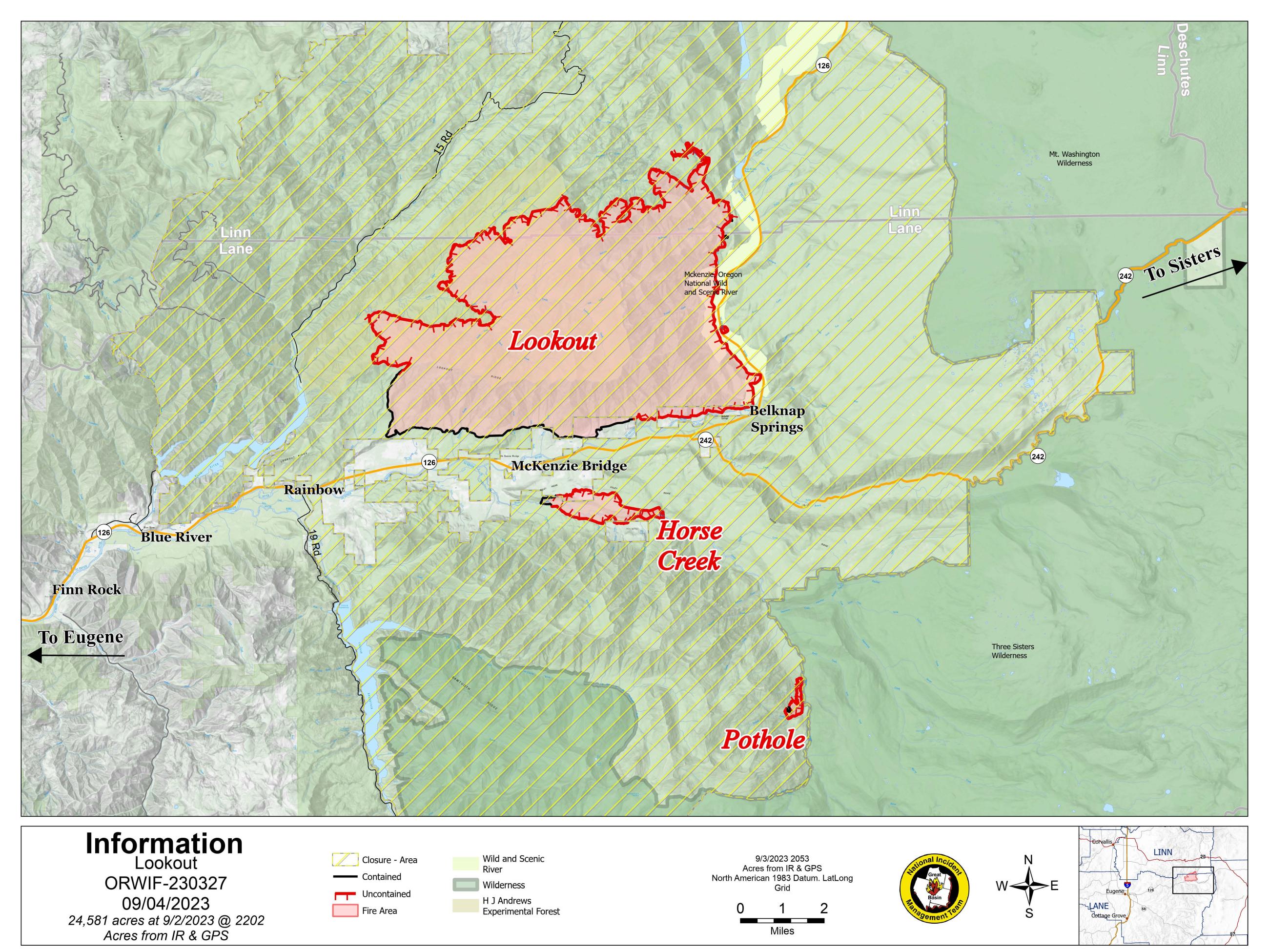 Lookout, Horse Creek, Potholes Fires Public Information Map 9/4/2023