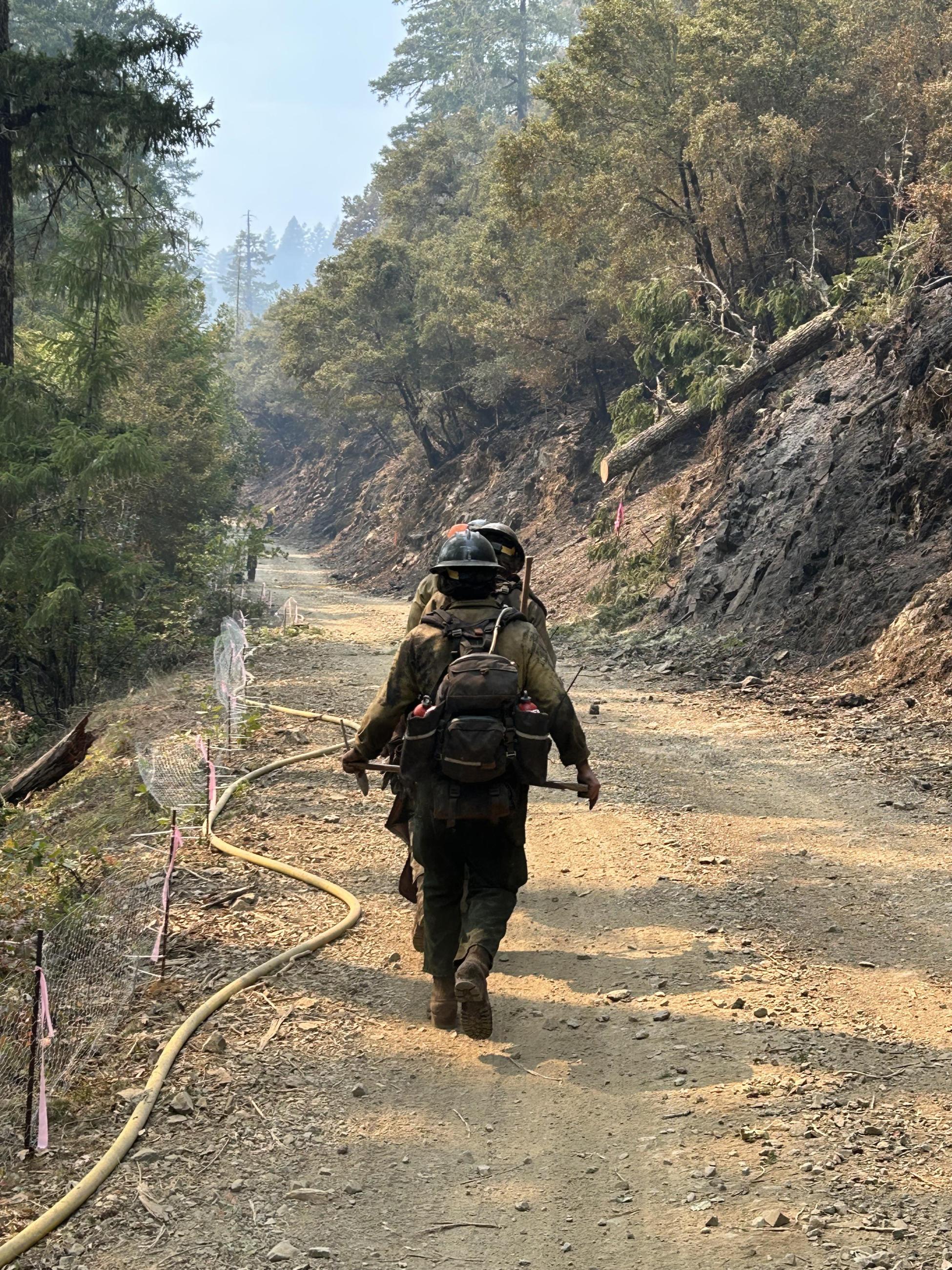 Mammoth Wildland Fire Module Crew 2 mopping up and patrolling the fire line above Coon Creek, Smith River Complex South September 15, 2023