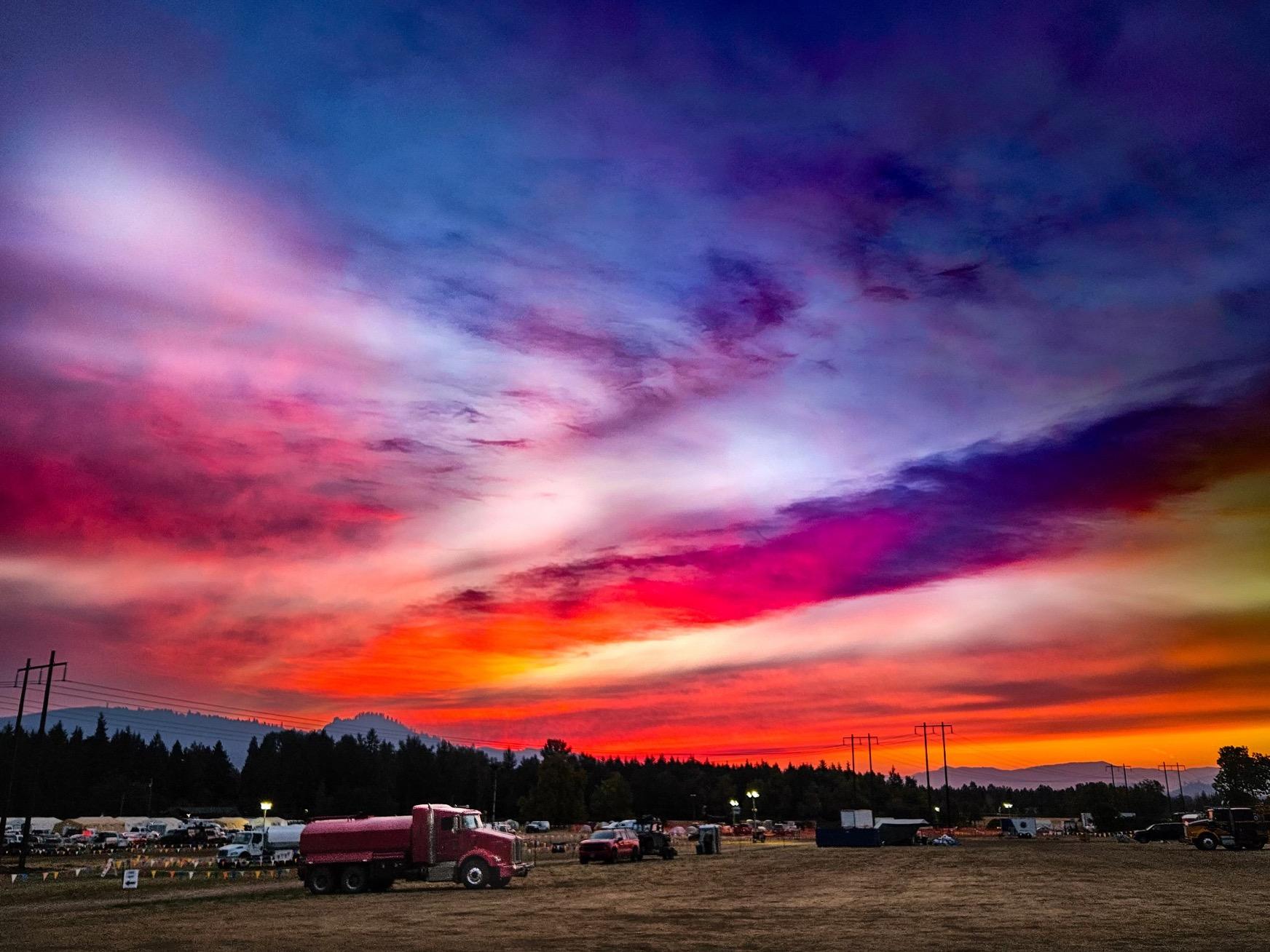 A high dynamic range photo of a sunrise from the Bedrock Fire camp at Pleasant Hill, OR.