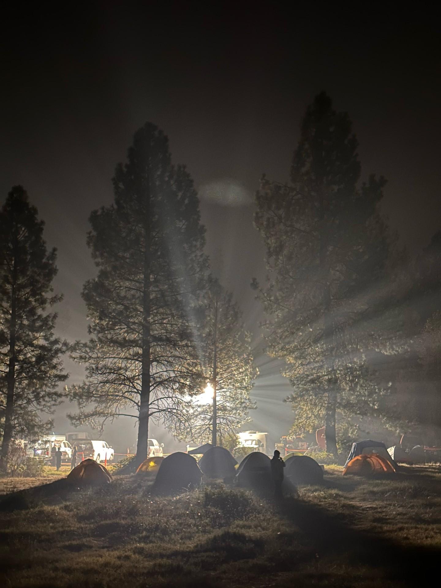 Image of tents at night with the lights shining through the trees in the Happy Camp Fire Camp. Photo USDA Forest Service courtesy Mike Spaulding