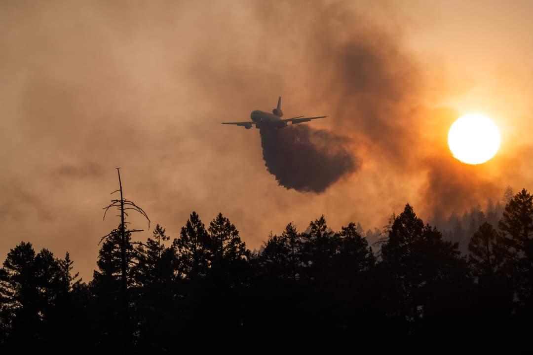 An fixed-wing aircraft drops retardant over the trees. Smoke obscures the sun shining behind it.