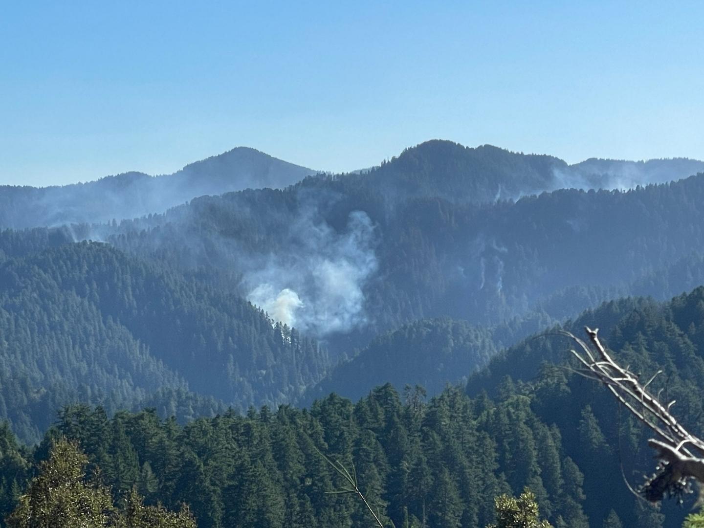 A photo of mountains with visible smoke from a fire burning in the center. The mountains are covered in pine trees. The sky is clear and blue.