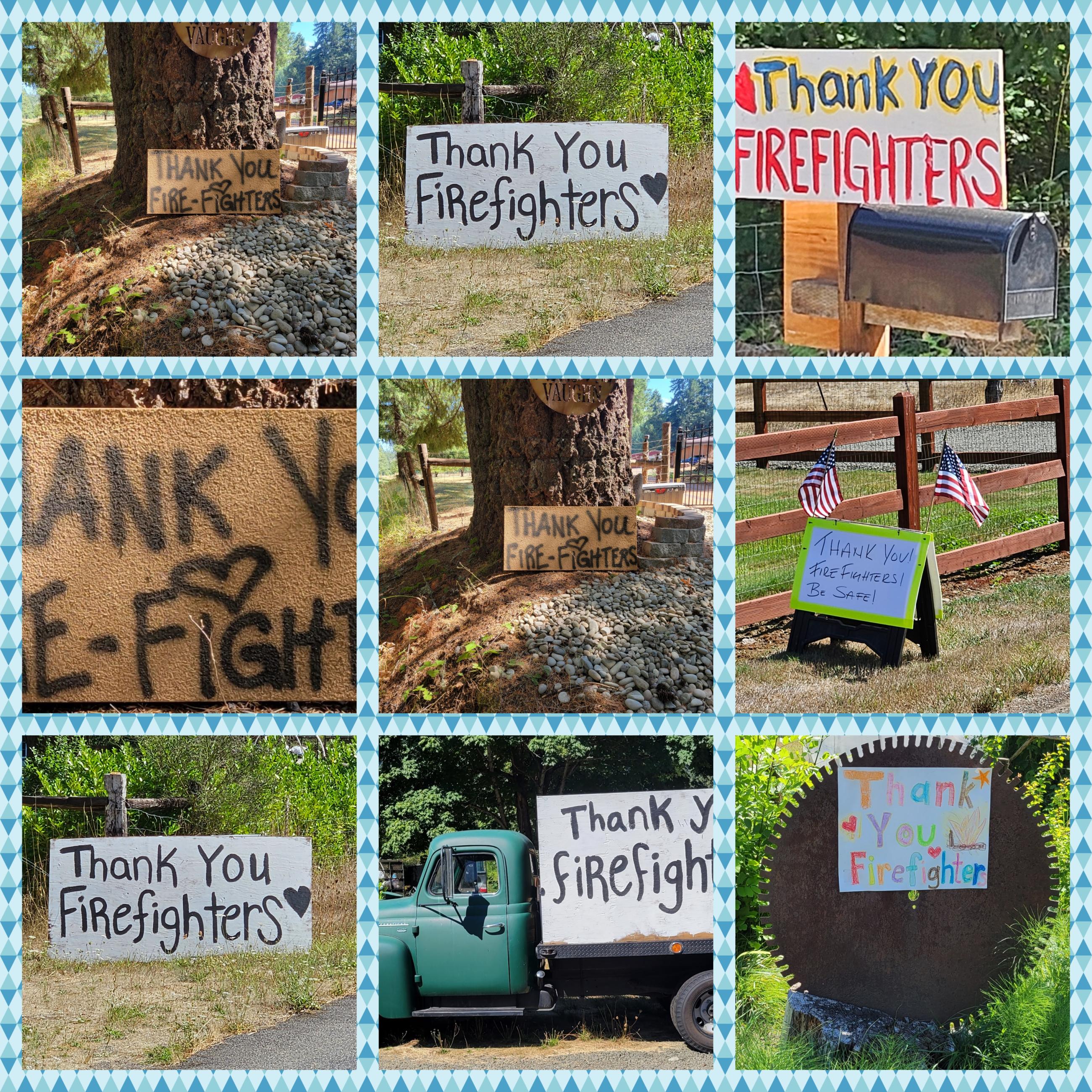 Nine different "Thank You Firefighter" signs on a collage