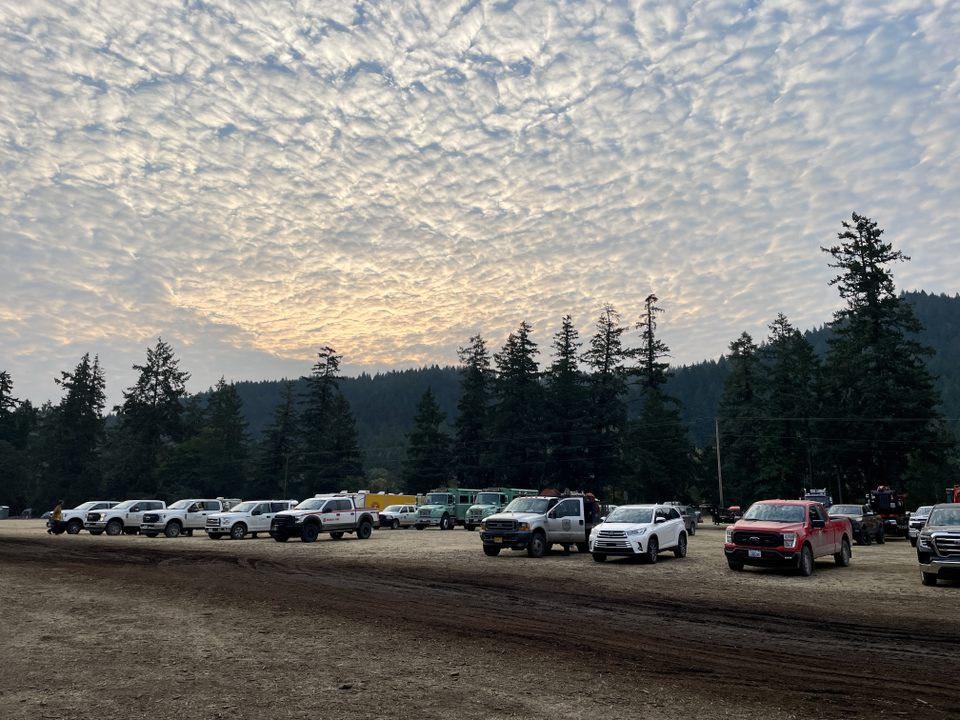 Over a dozen pick-up trucks and fire engines parked next in a field with a cloudy morning sky overhead, and a forest behind the vehicles