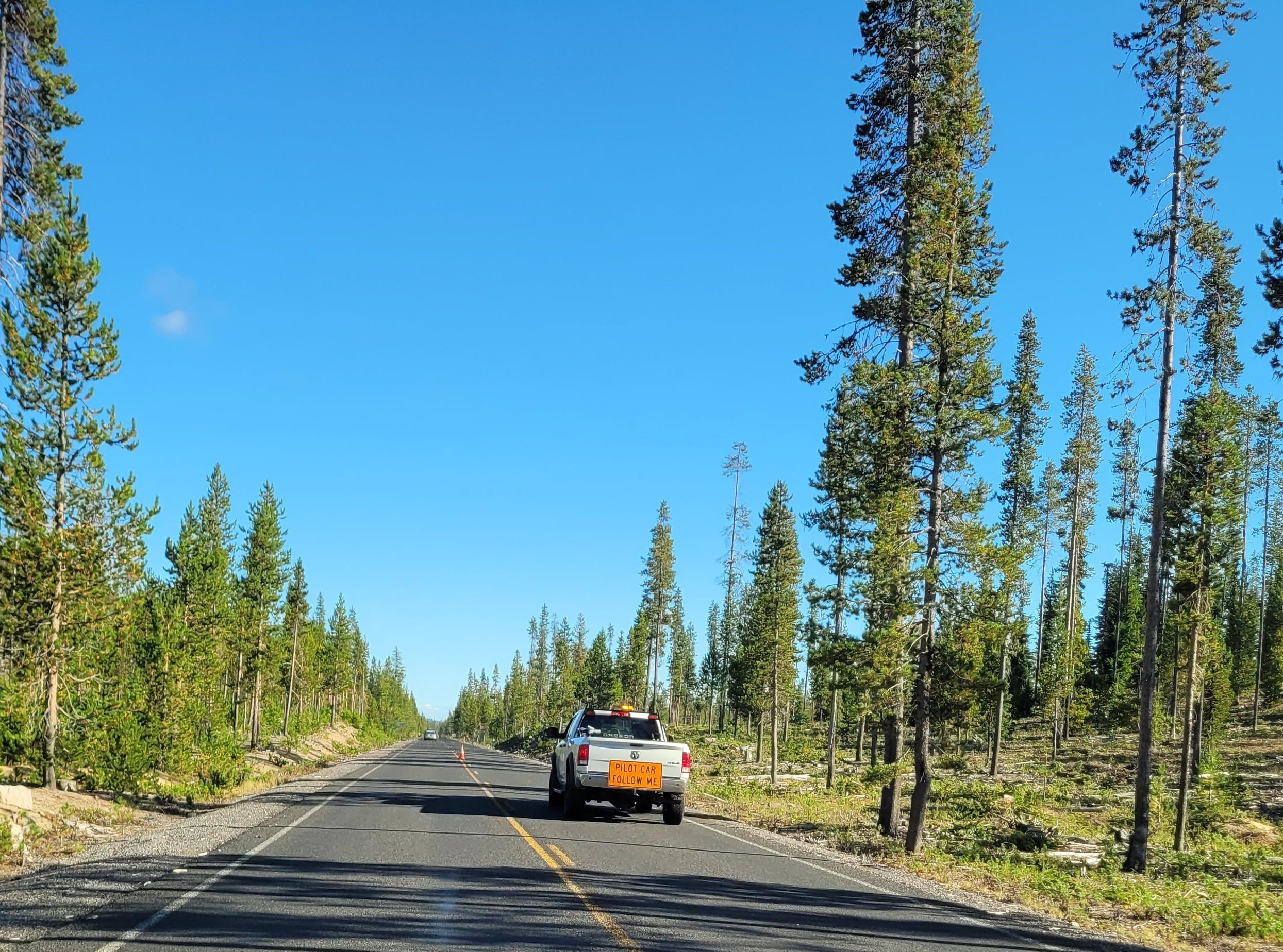 Pilot car on Cascade Lakes Highway