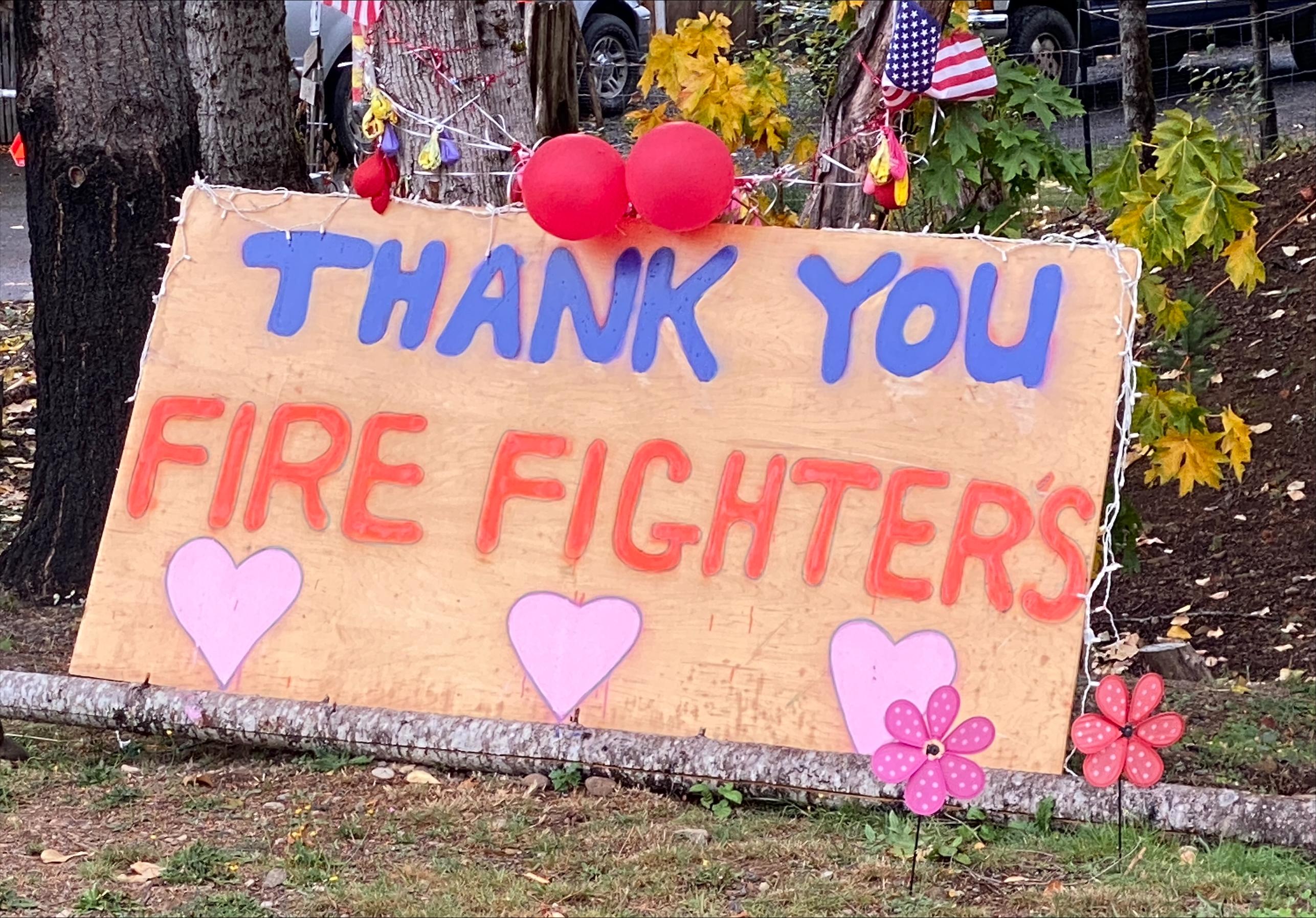 A crafted thank you firefighter's sign.
