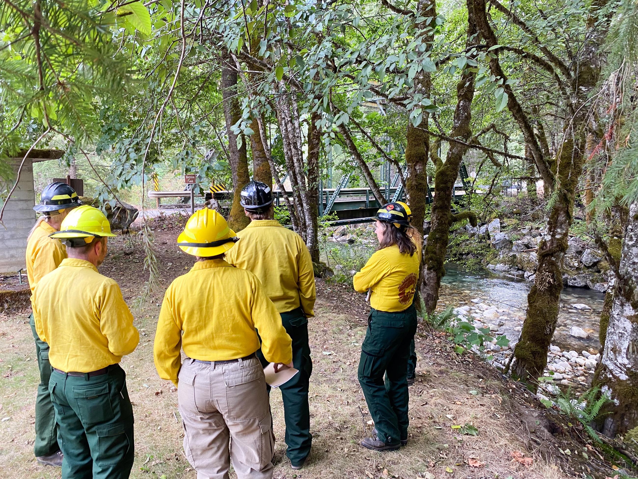 Six people in helmets and yellow shirts gather to talk under leafy trees next to a river