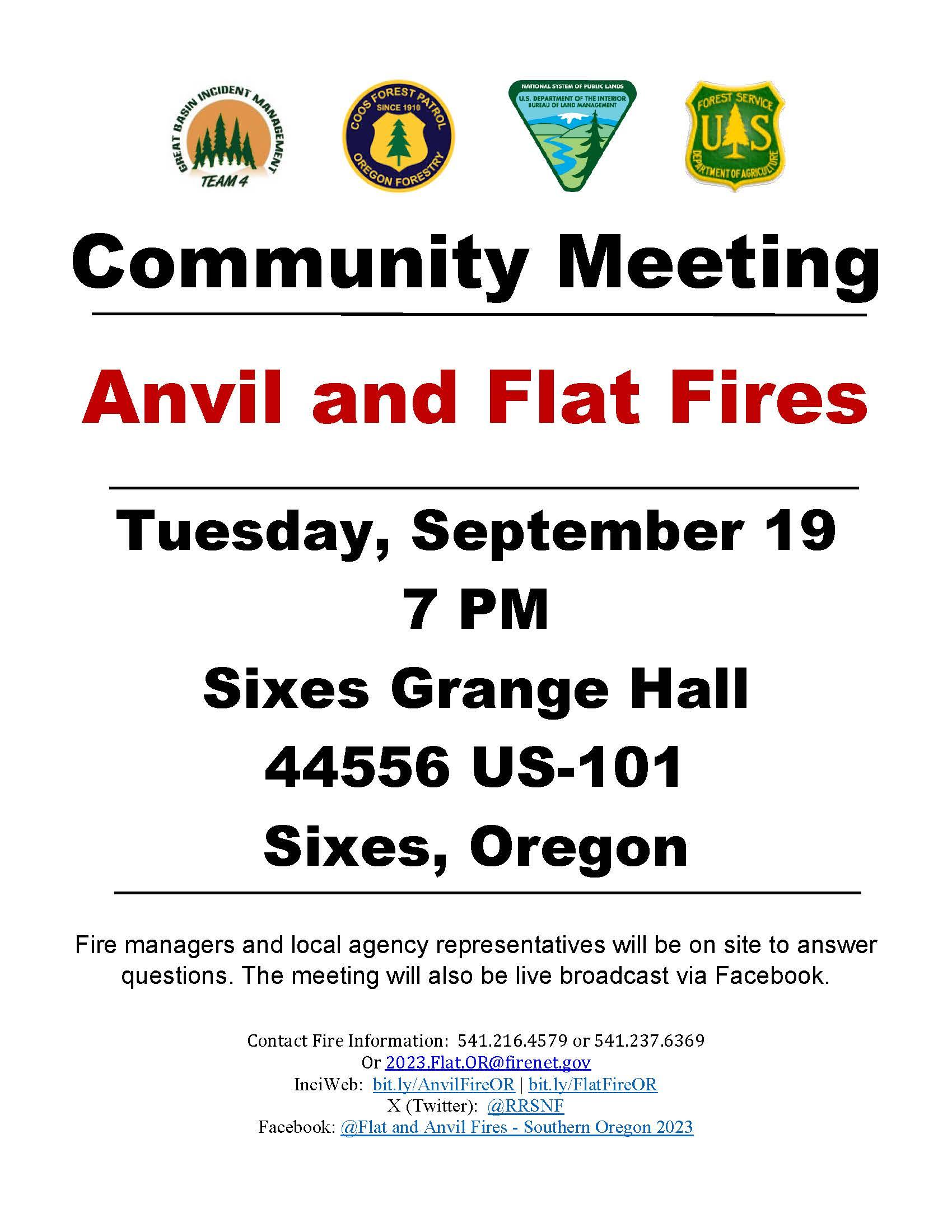 Anvil and Flat Fires community meeting September 19th at 7pm at Sixes Grange Hall and broadcast live on Facebook