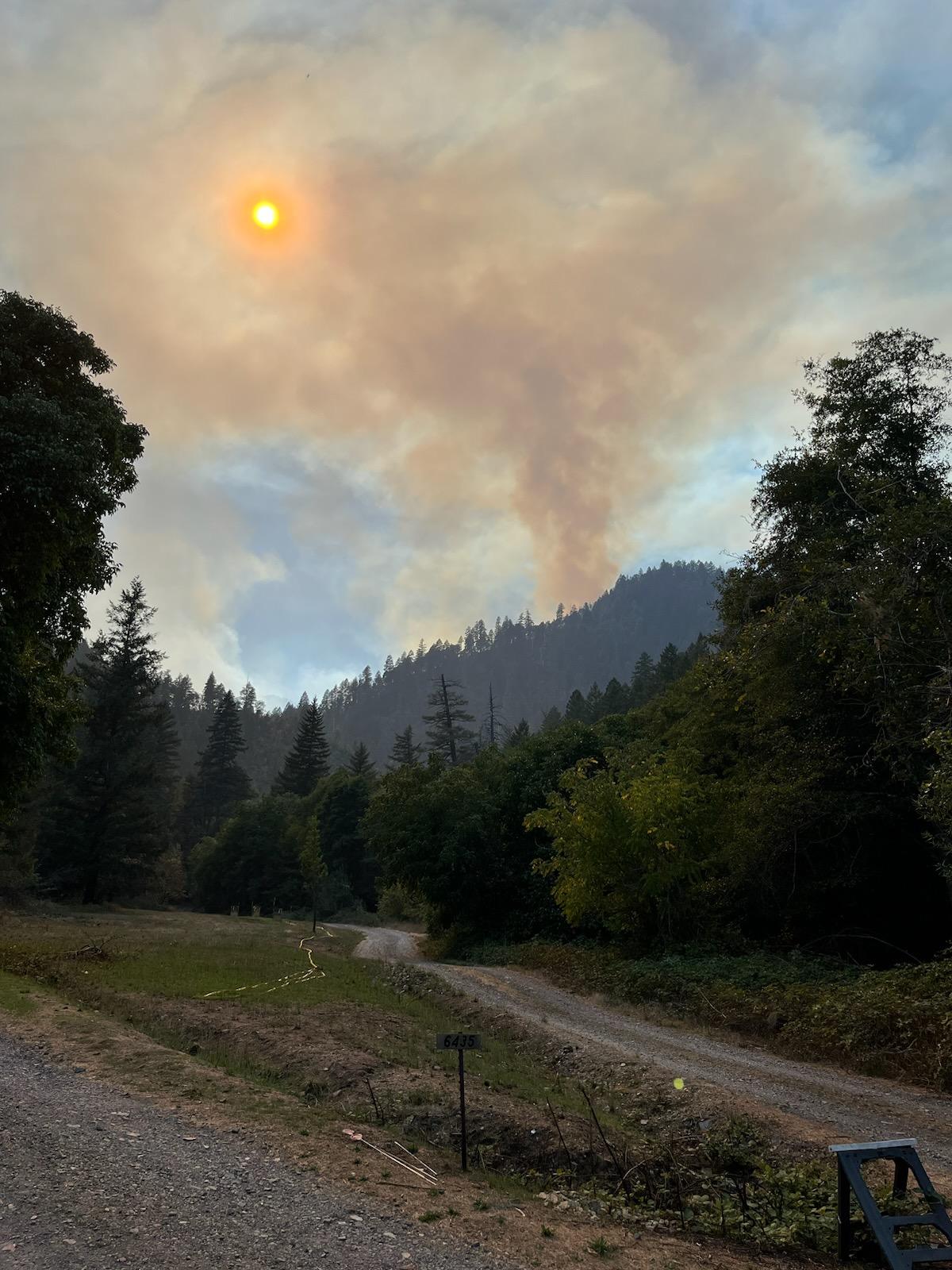 A plume of smoke rising from forested mountains and obscuring the sun with a dirt road in the foreground