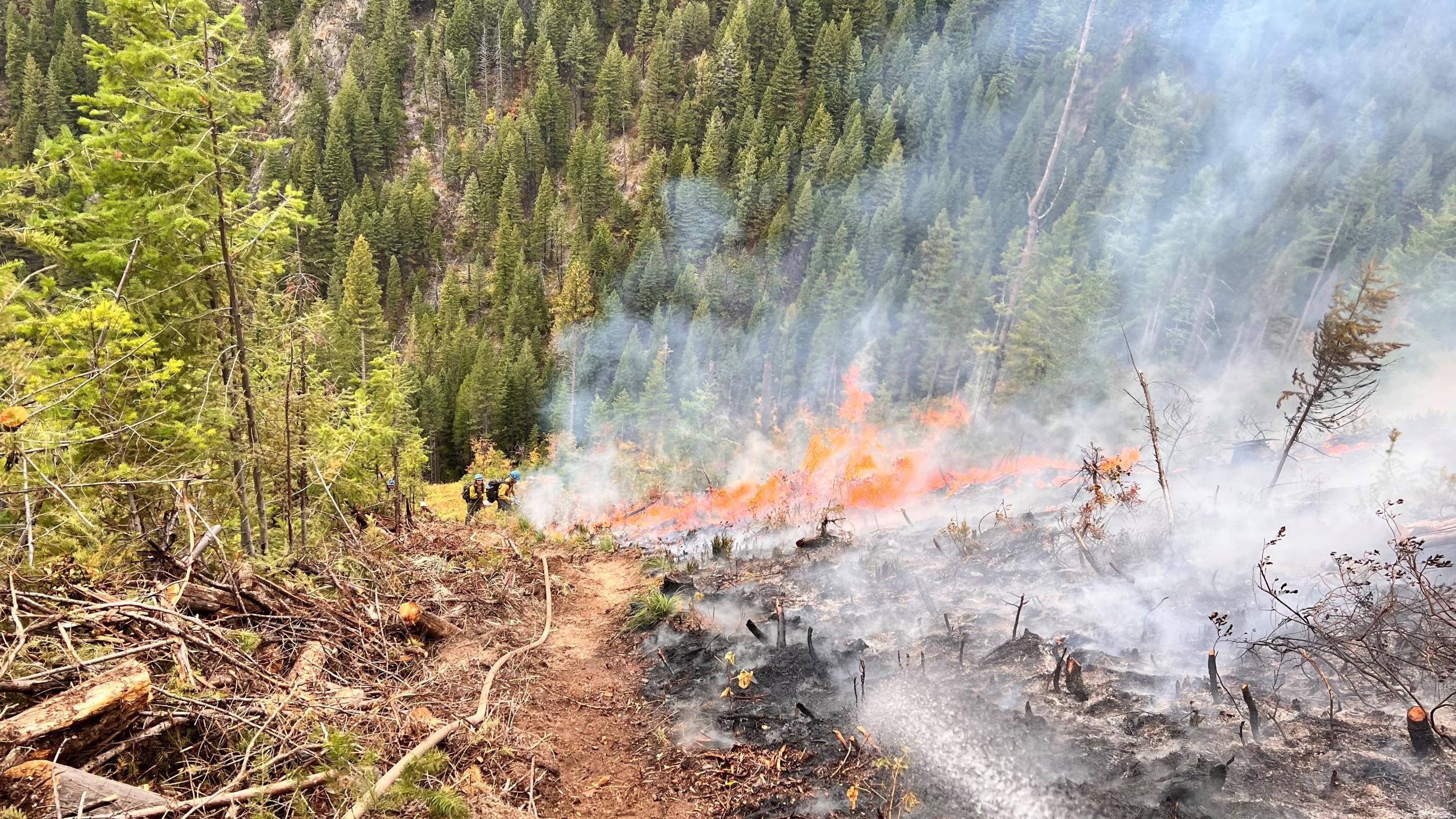 Fire burning up hill with smoke and firefighters in the background 