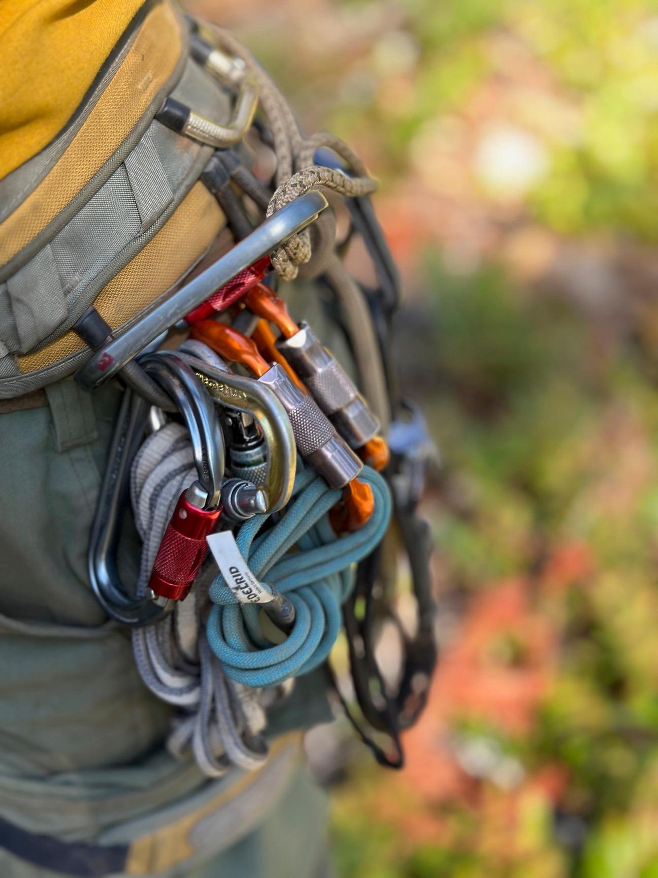 Rigging equipment- carabiners are shown here