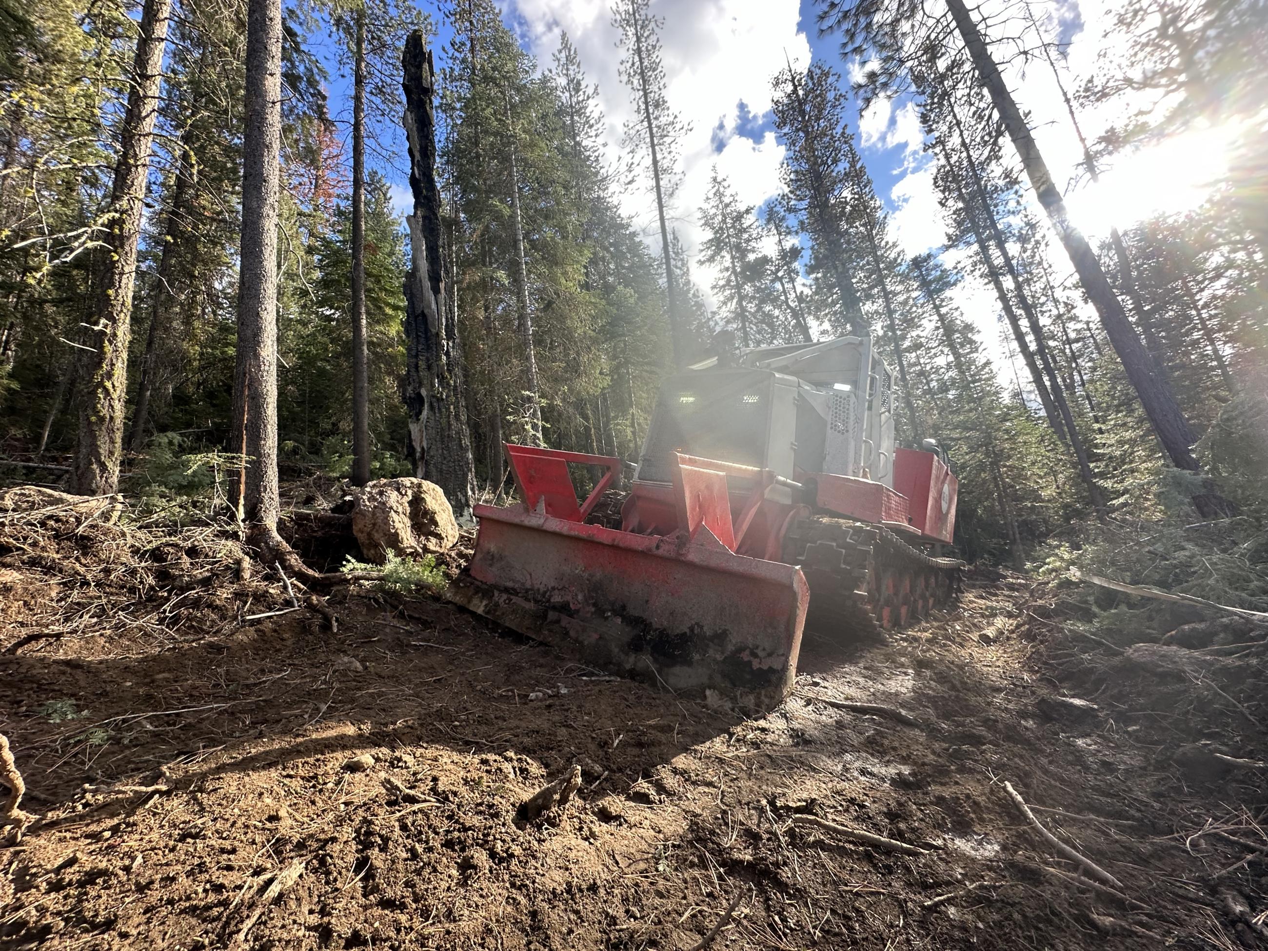 A picture of a skidgen working along a dozer line on the west side of the fire
