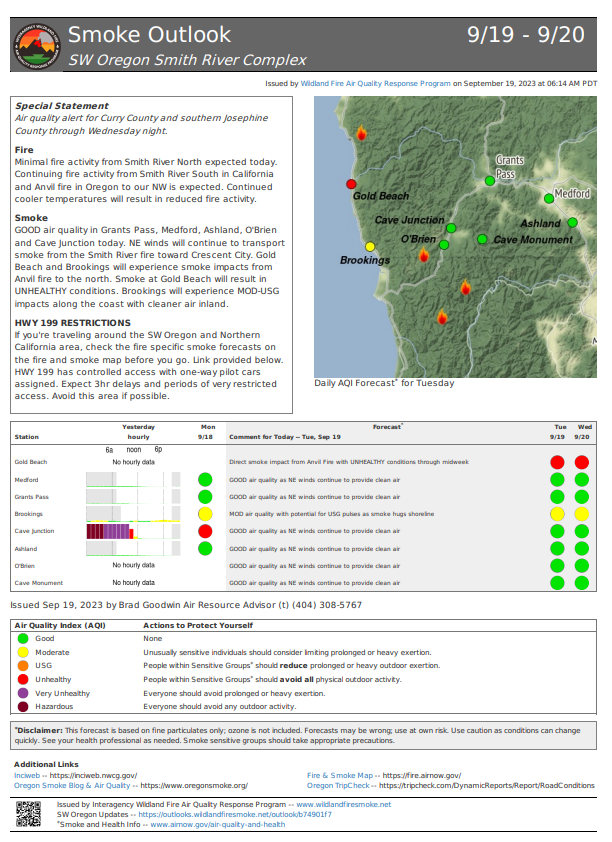 Smith River Complex North Smoke Outlook Tuesday, September 19, 2023