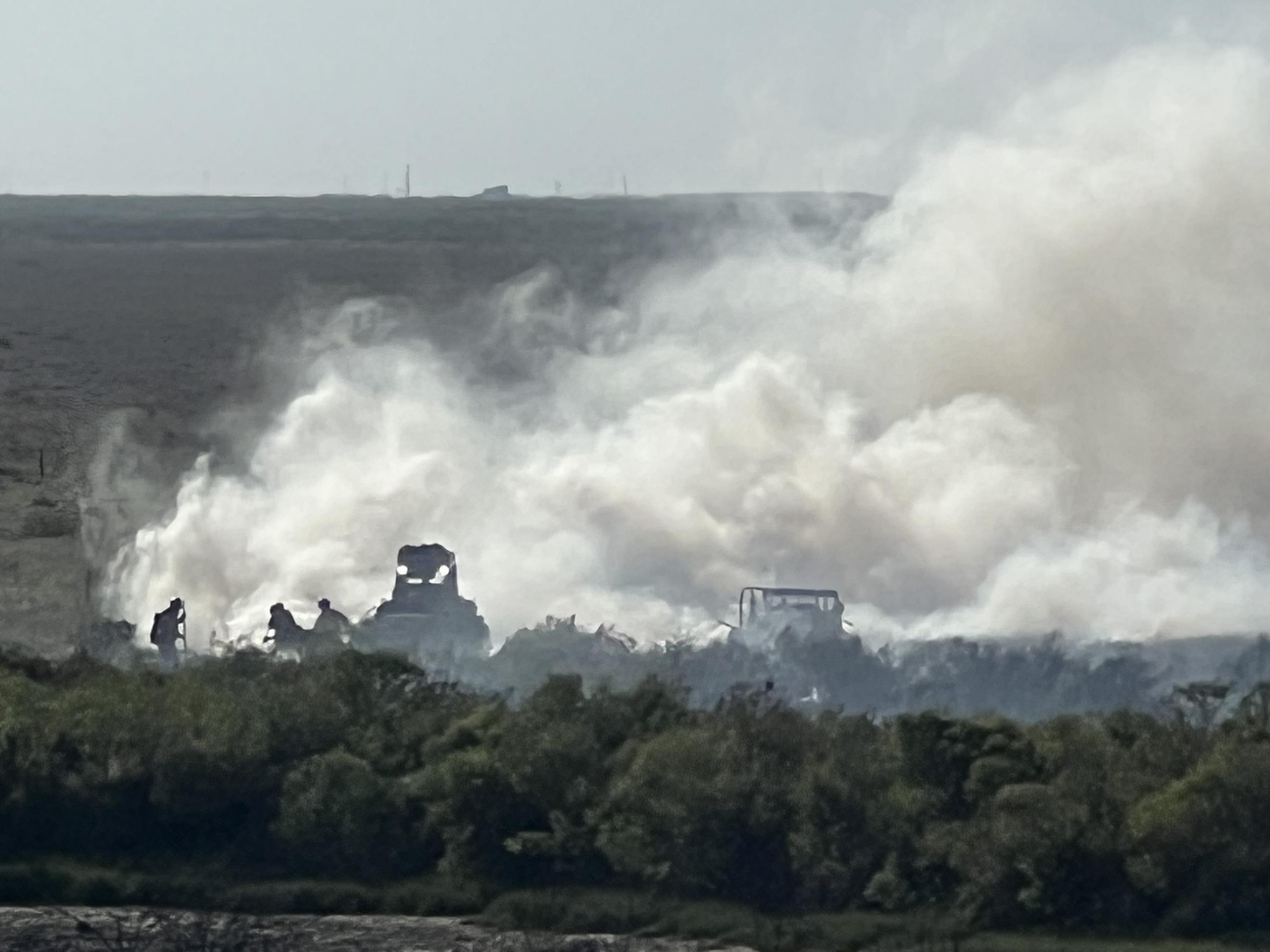Firefighters and heavy equiopment work in marshy vegetation with white smoke billowing behind them