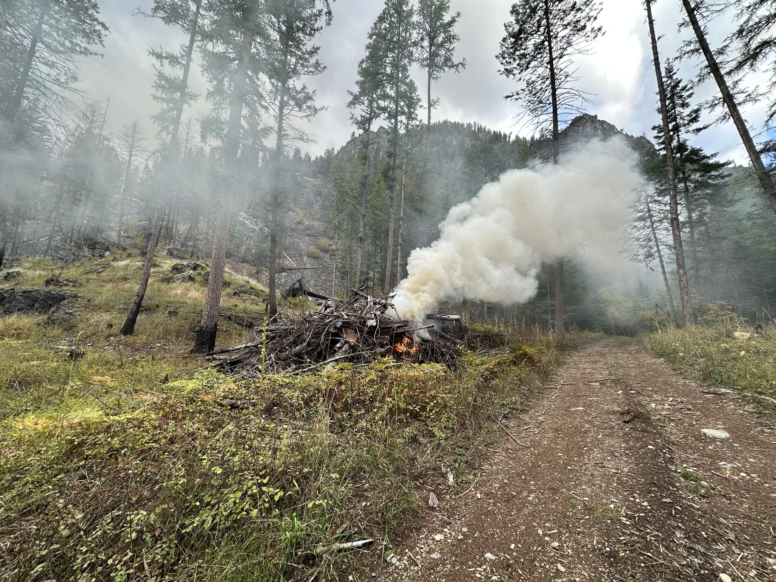 Pile burning with smoke 