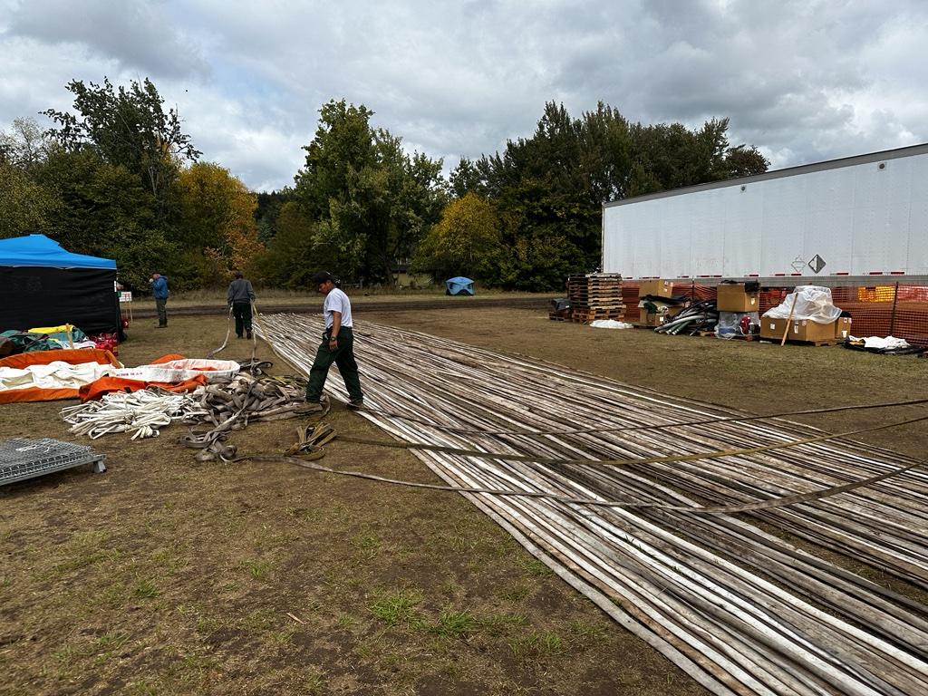 Fire hoses that have been brought back from the fireline to be cleaned and readied for future deployment.