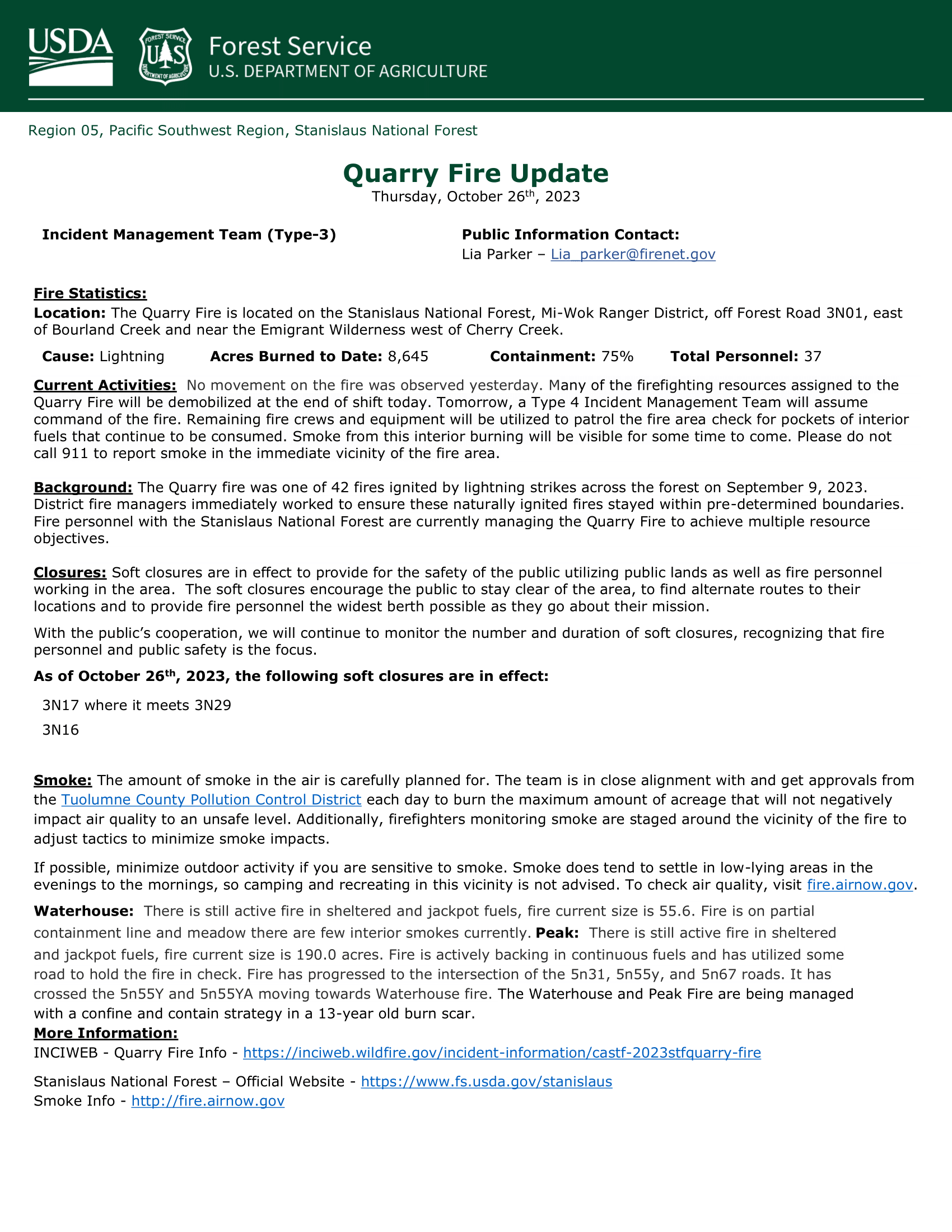 Quarry Fire Update October 26
