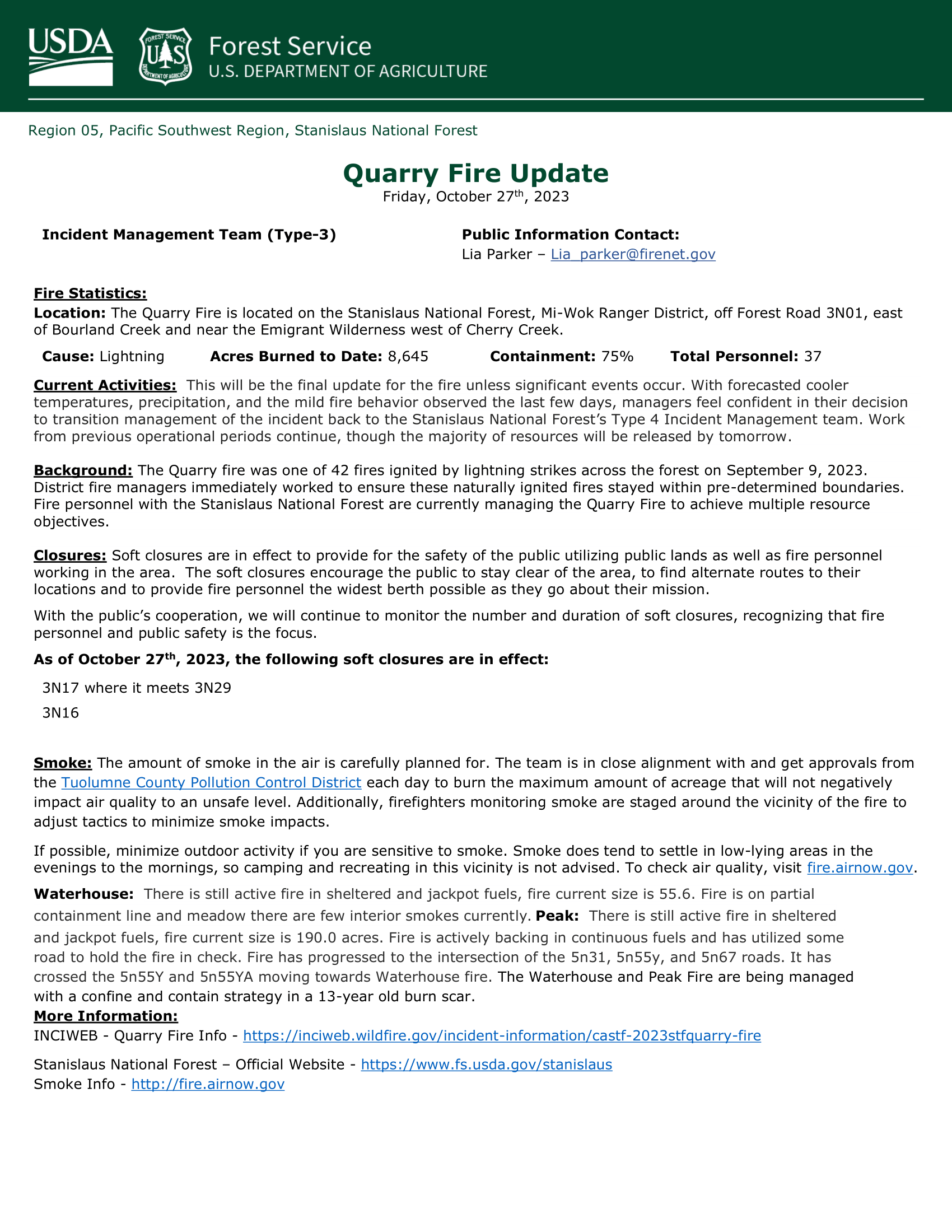 Quarry Fire Update October 27
