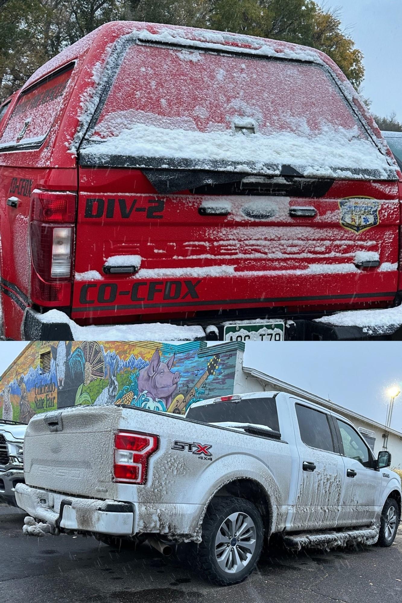 Snowy morning on the Saint Charles Fire. Collage picture of agency vehicles with snow and ice on them.