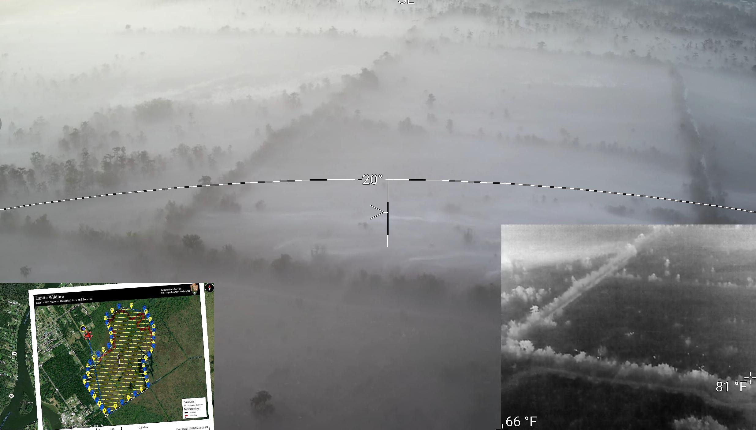 A drone captures an aerial shot of the smoke on the Fire