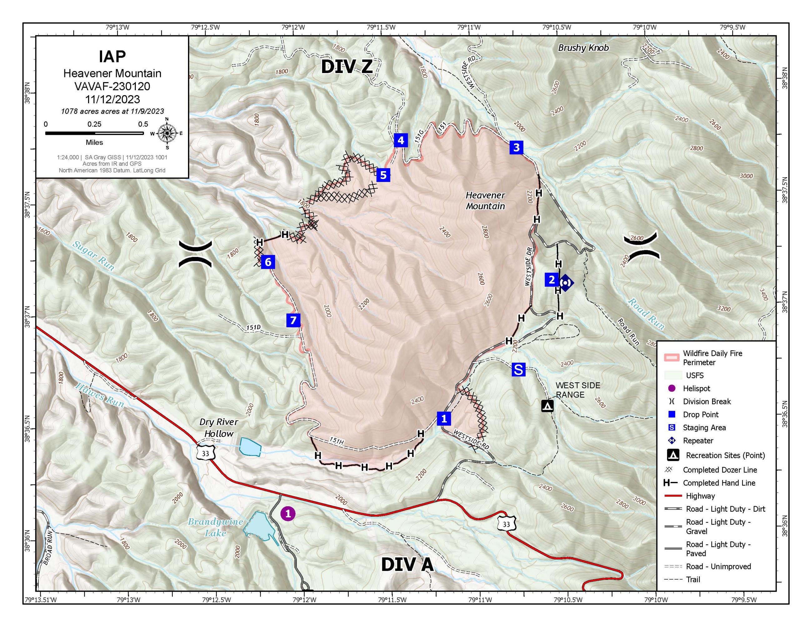 Map of the Heavener Mountain Fire 11.12.2023