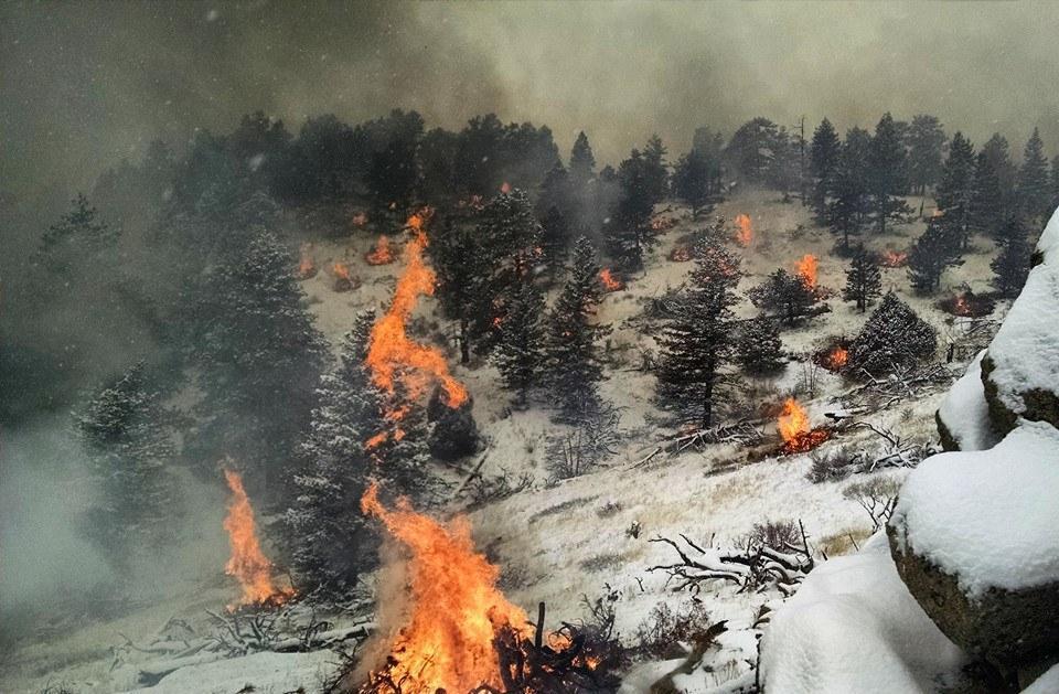 smoke and piles burning in snow