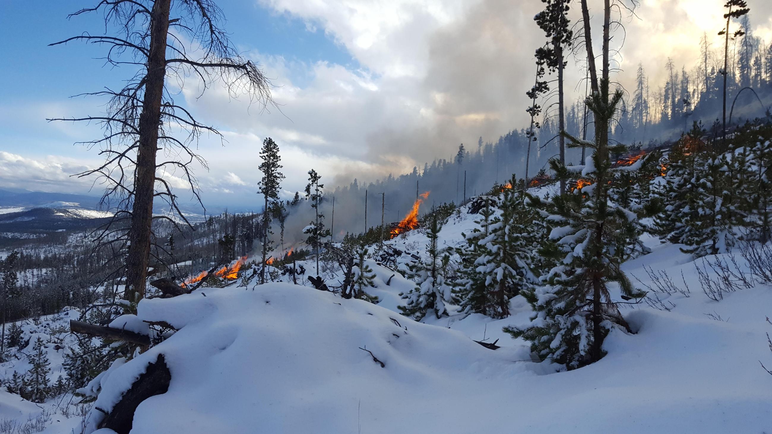 Pile burning in snow with smoke, flames