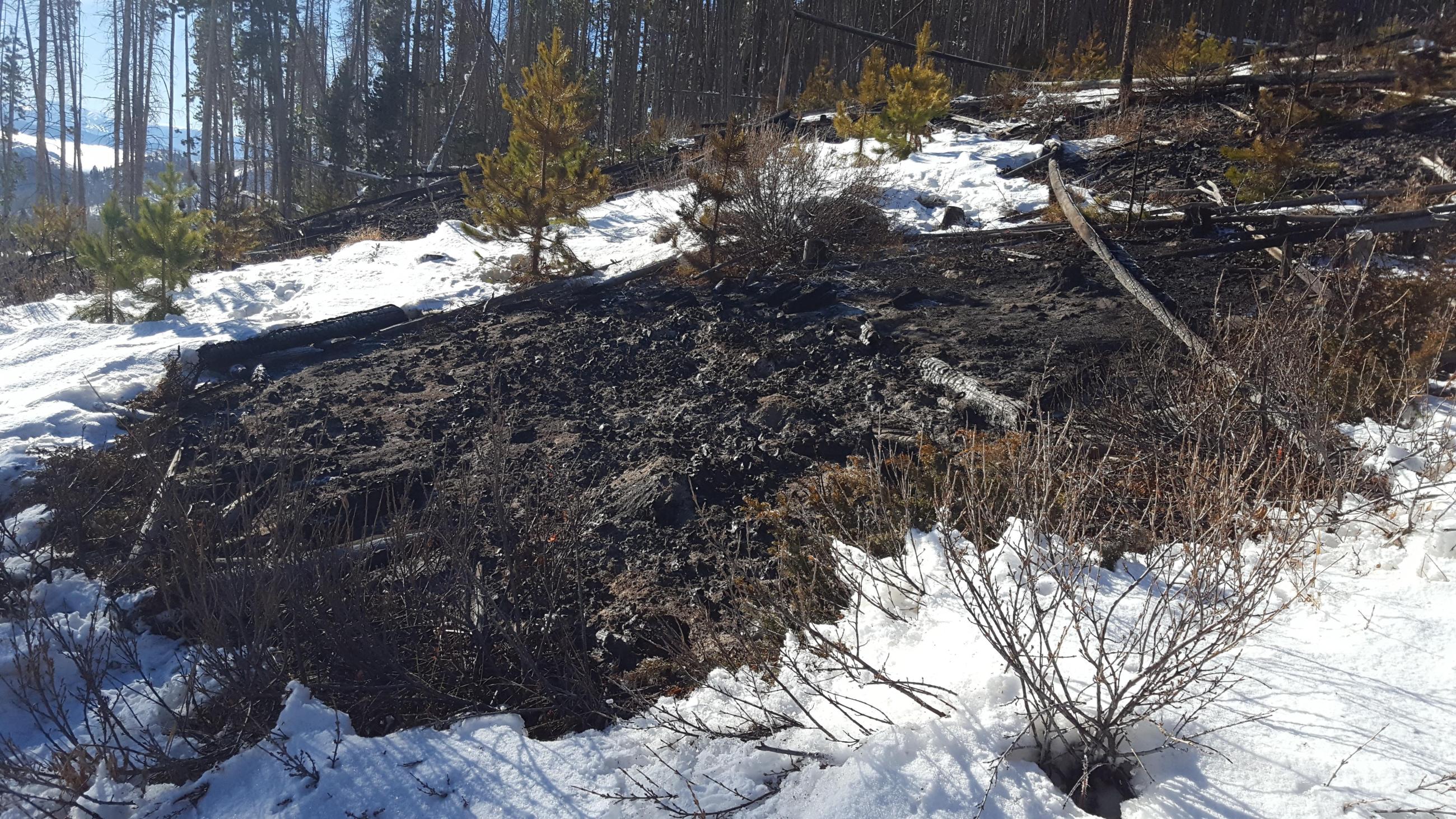 Pile burning in snow with smoke, flames