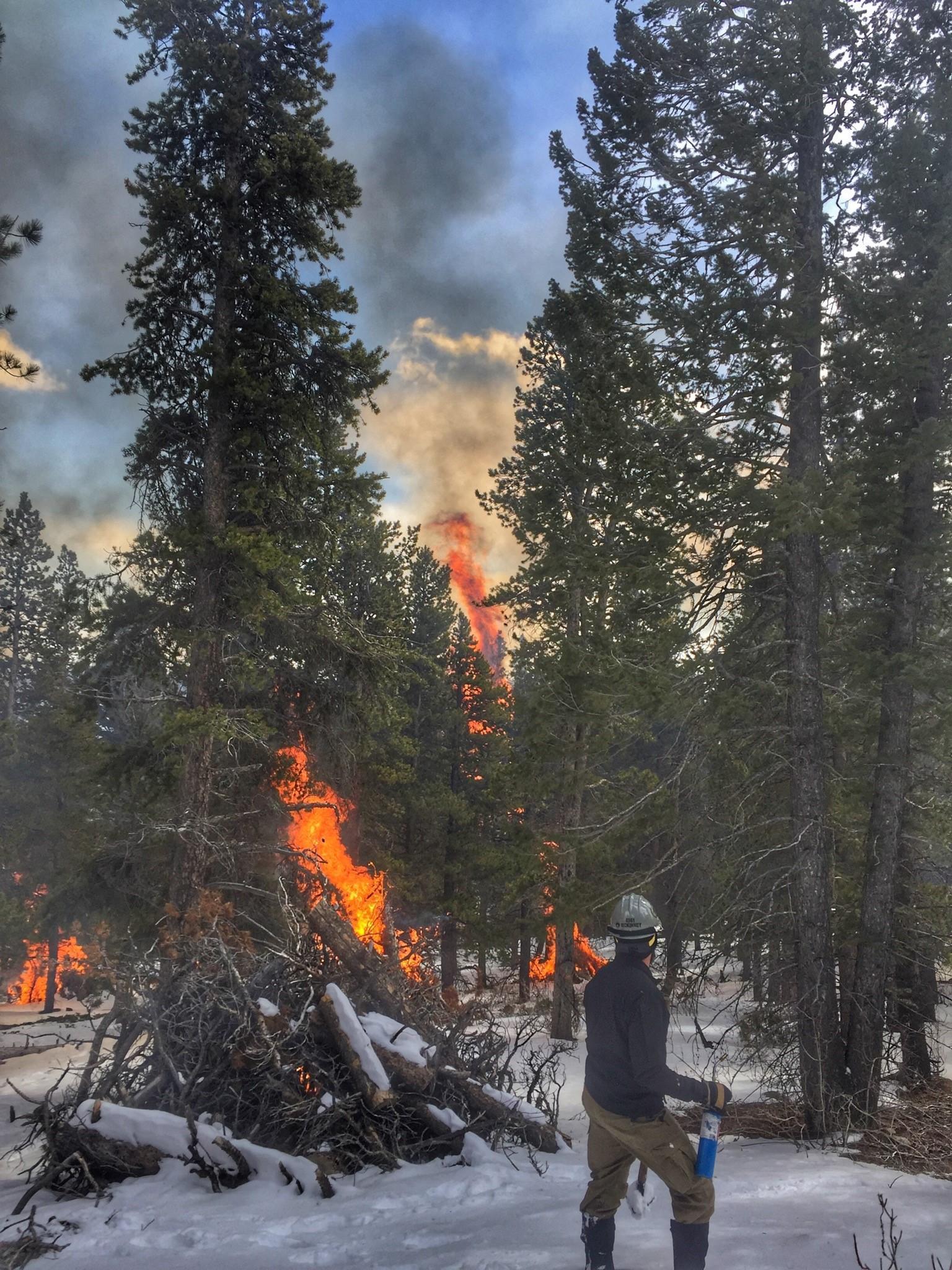 Pile burning in snow with smoke, flames