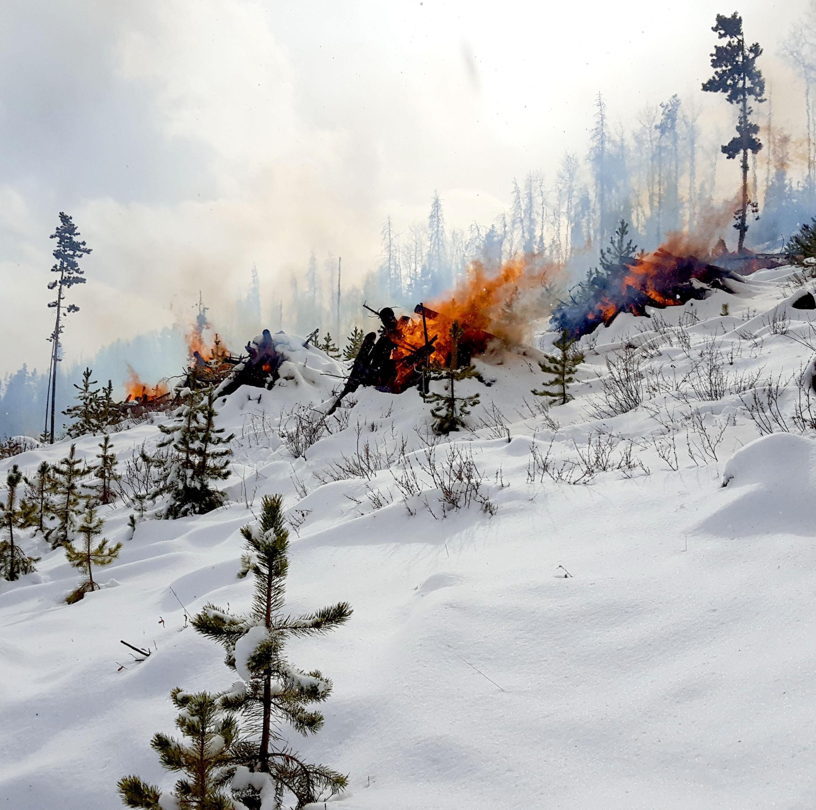 Pile burning in snow with smoke, flames