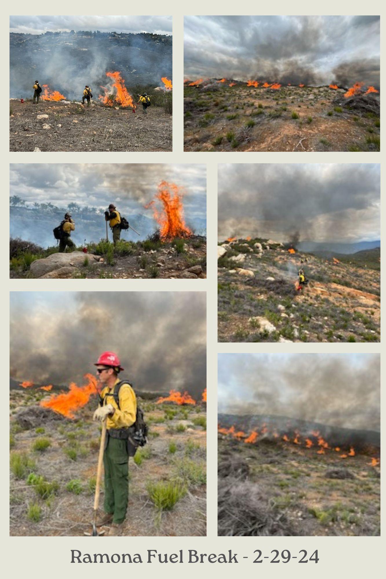 Multiple photos showing firefighters working, flames and smoke on the Romona Fuel Break