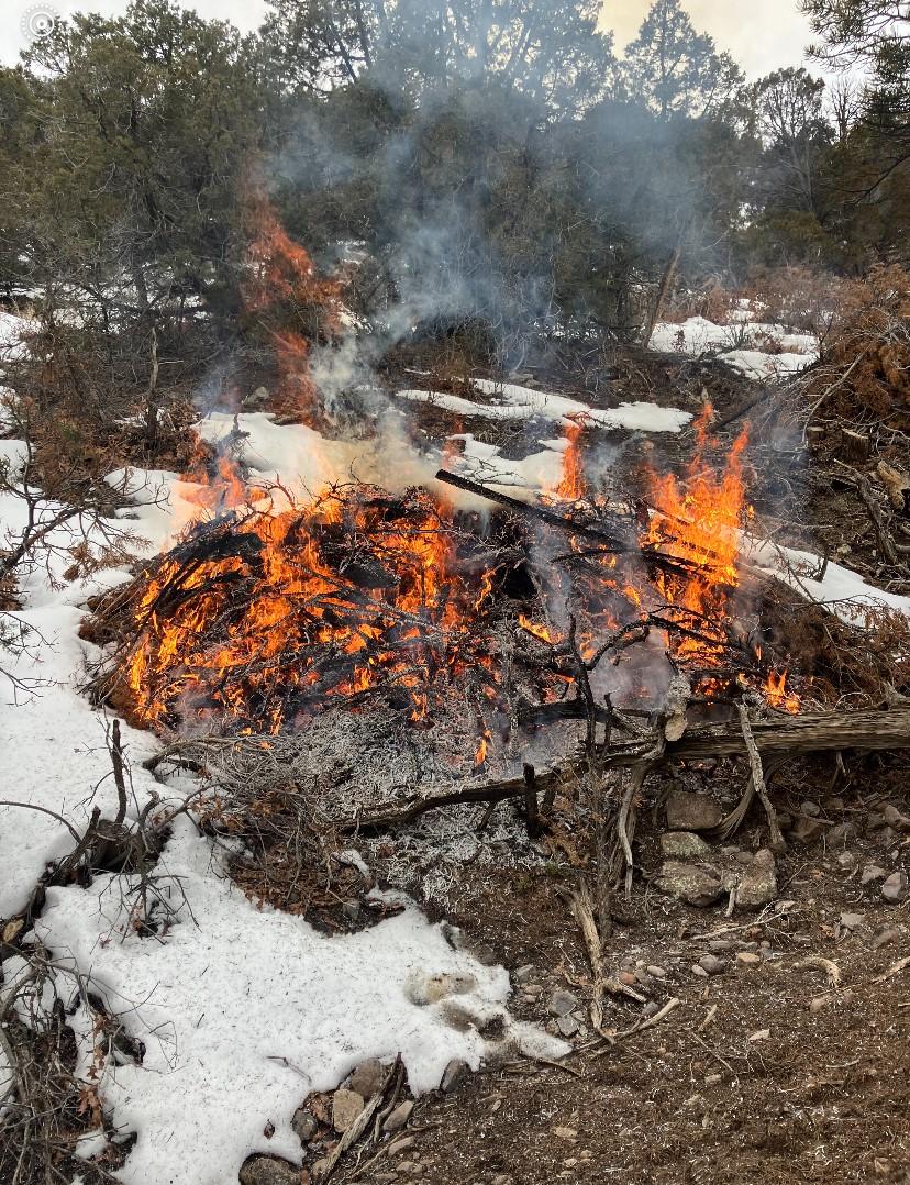 Image of a small pile of pinyon/juniper slash with flames and white smoke and snow on the ground.