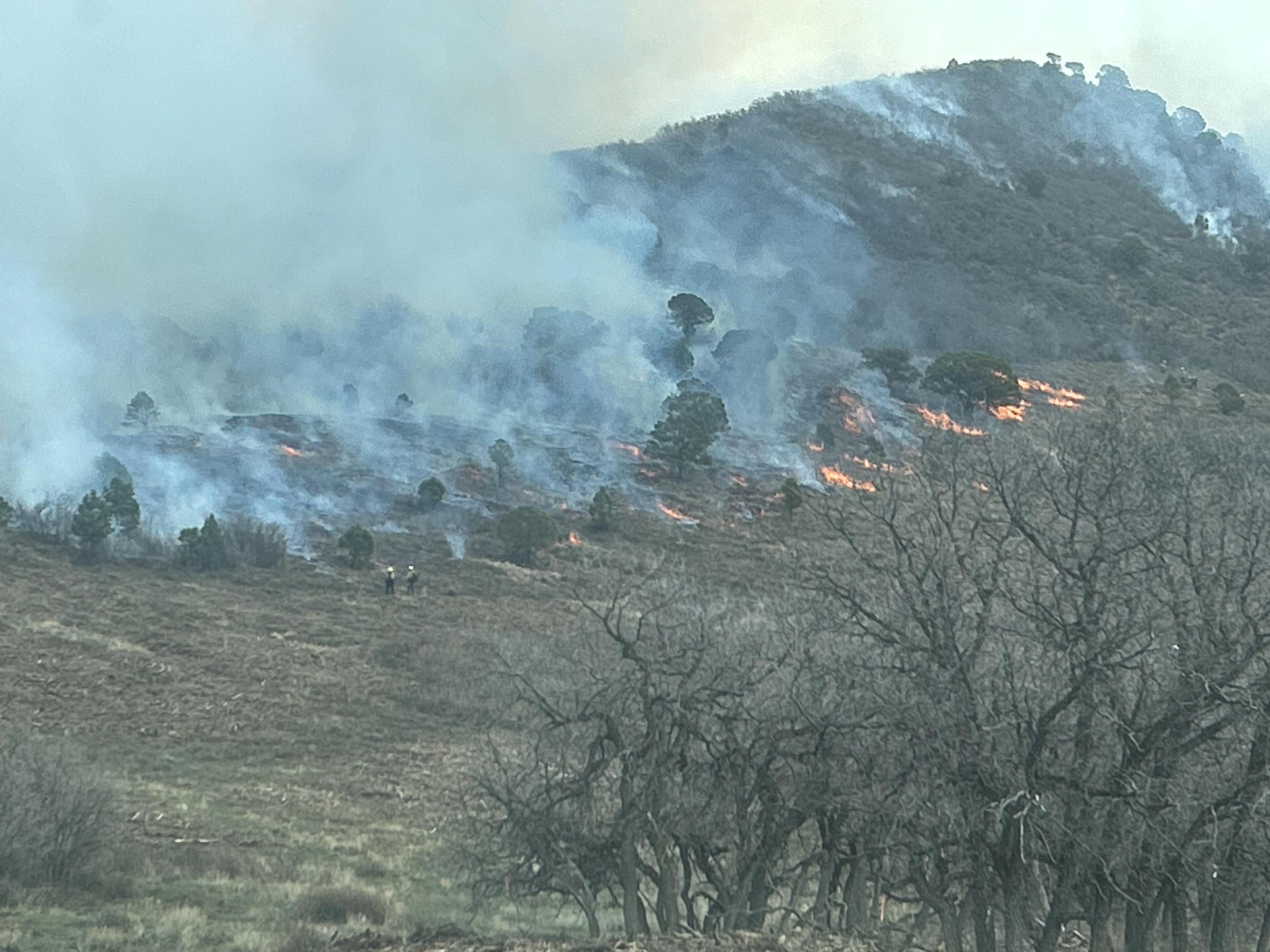 The image shows moderately steep terrain covered in brown shrubbery and sparse cedar trees with small flames and smoke