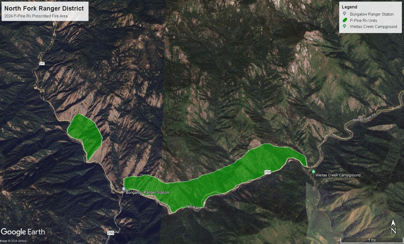 Image of satellite image map showing the prescribed burn project area between Washington Creek Campground and Cedar Campground on the North Fork District of the Nez Perce-Clearwater National Forest.