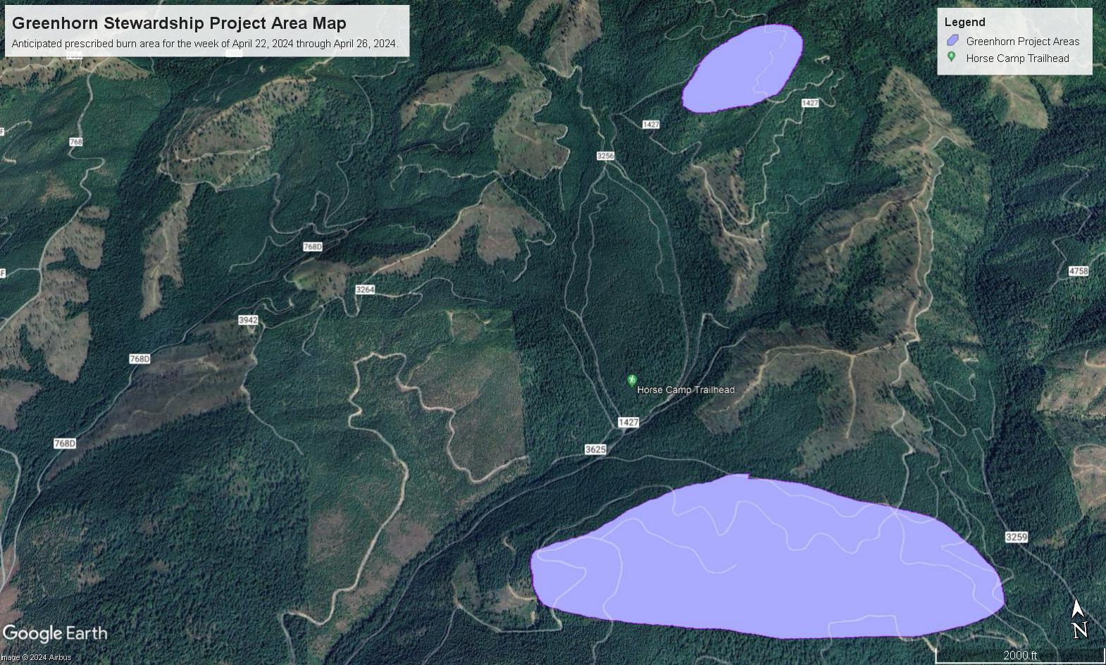 Satellite image depicting two different areas on the Greenhorn Stewardship Project near Horse Camp Trailhead