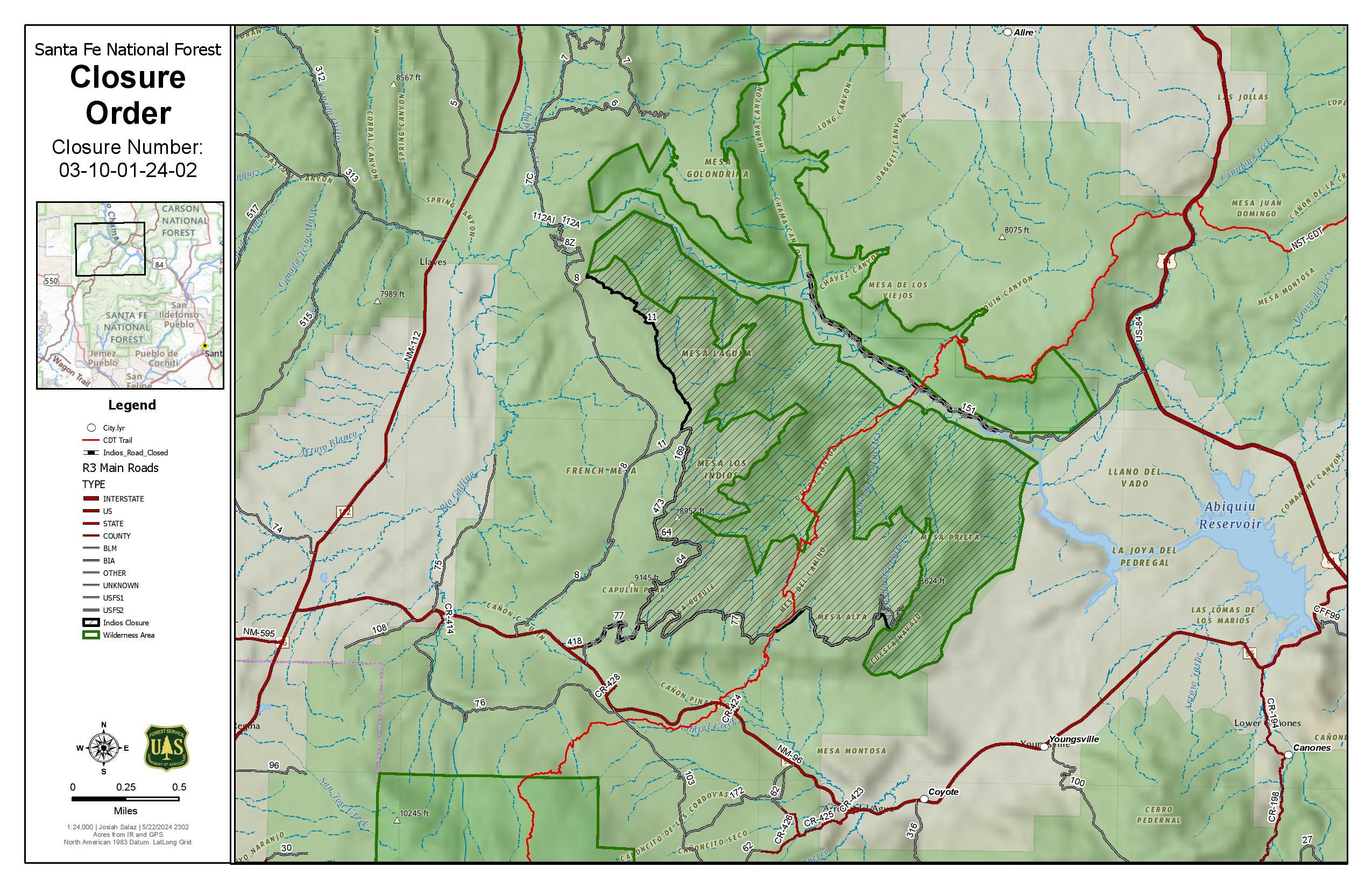 A map of the current Closure Order on the Santa Fe National Forest due to the Indios Fire.