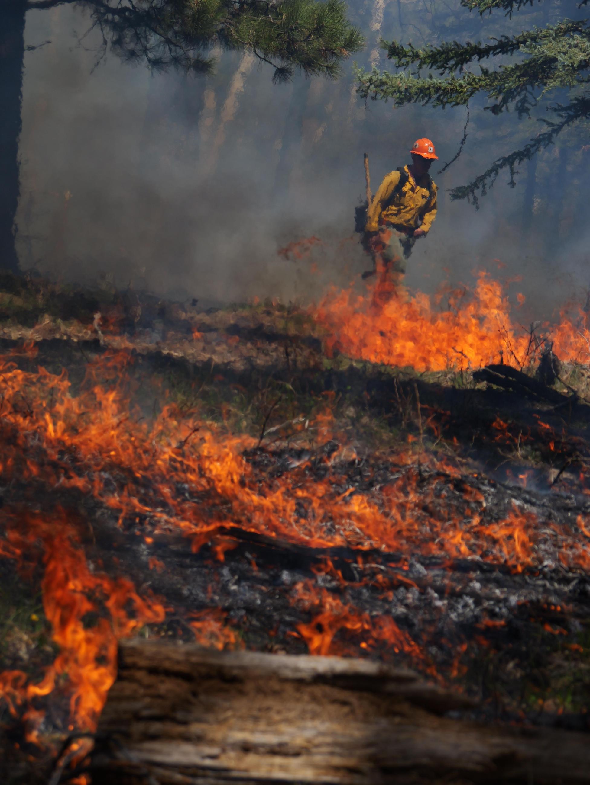 Flames, smoke and heat waves fill most of the picture while a firefighter with an axe is seen moving in the distance.