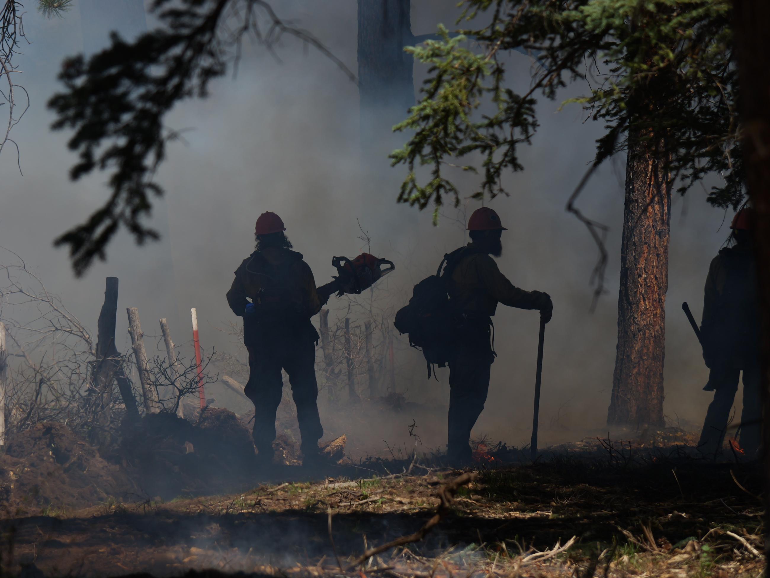 Firefighters are silhouetted in smoke. One is seen lifting a chain saw.
