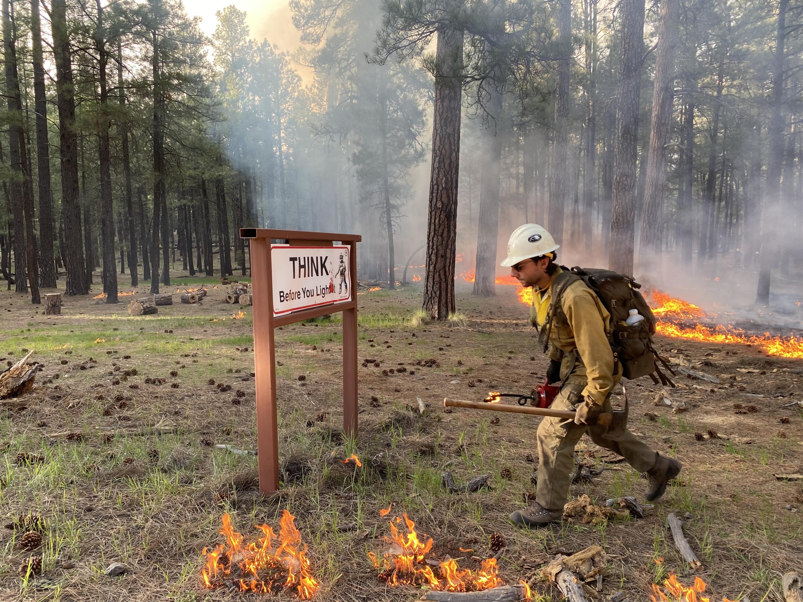 A firefighter in green pants, a yellow shirt and a white hard hat carries a red driptorch while fire and smoke burn along the ground. A sign reads "think before you light" in the background.