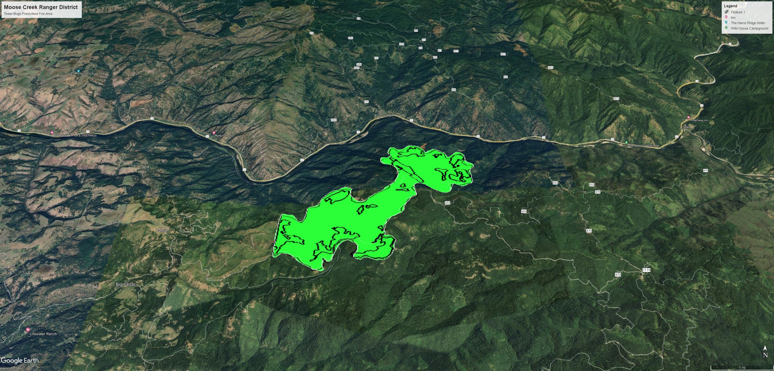Satellite image depicting the Tinker Bugs Prescribed Burn area, south of Syringa, Idaho