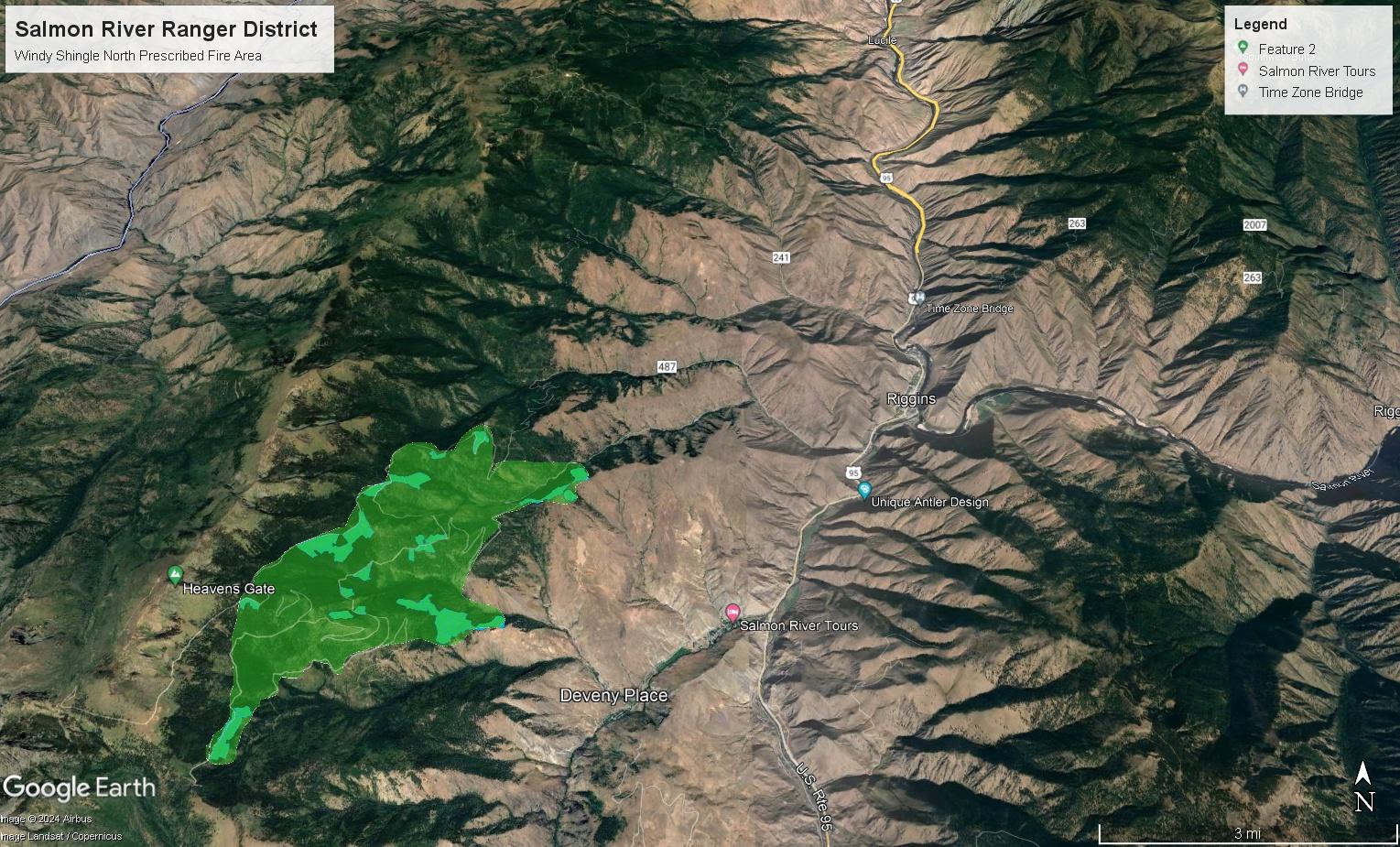 Satellite image depicting the Windy Shingle prescribed burn area near Heavens Gate and Deveny Place.