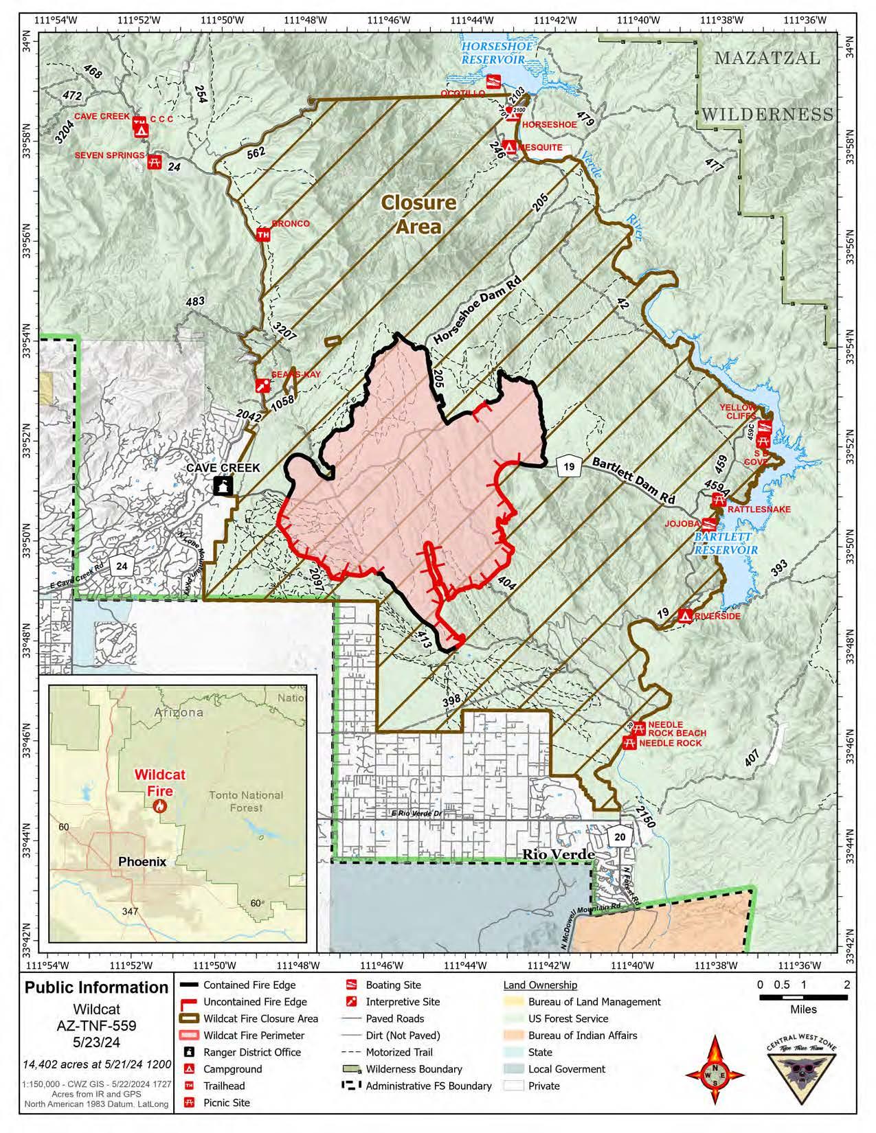 Map showing the perimeter of the Wildcat Fire, Thursday, May 24, 2024