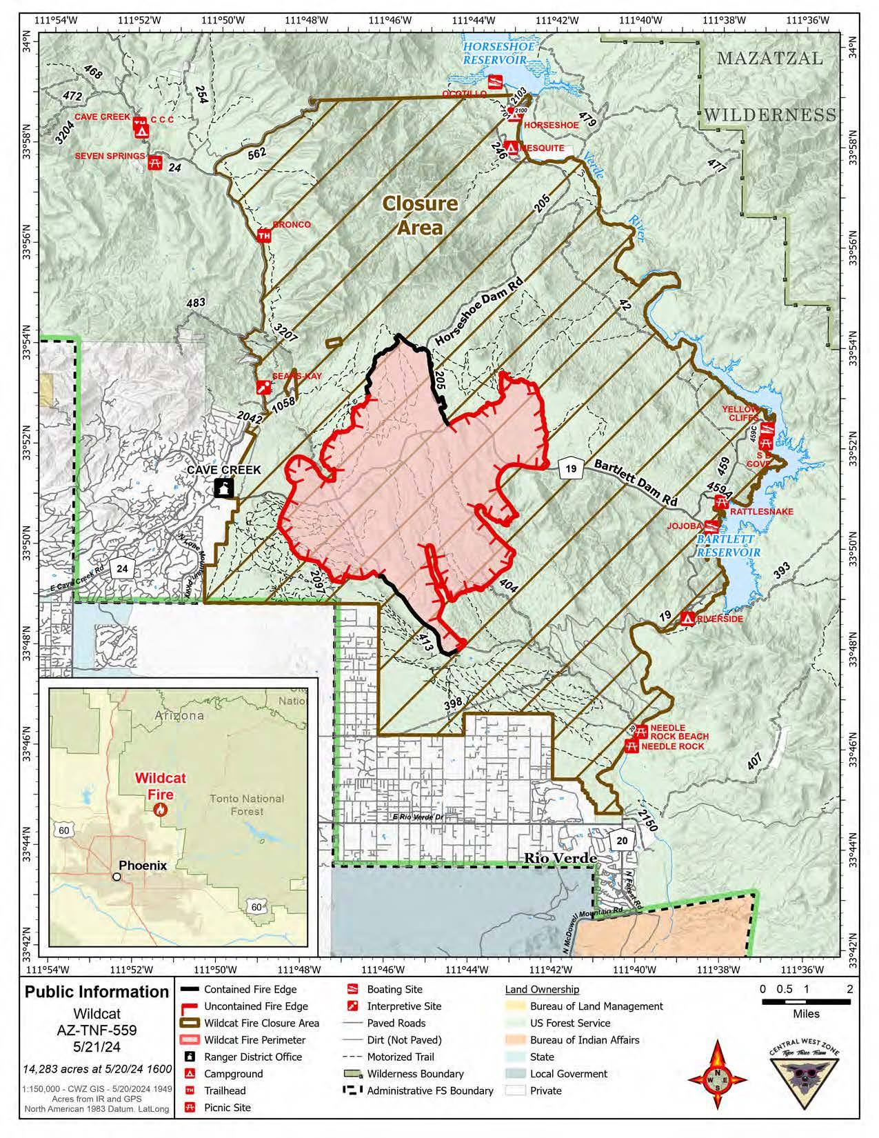 Map showing the perimeter of the Wildcat Fire, Tuesday, May 21, 2024