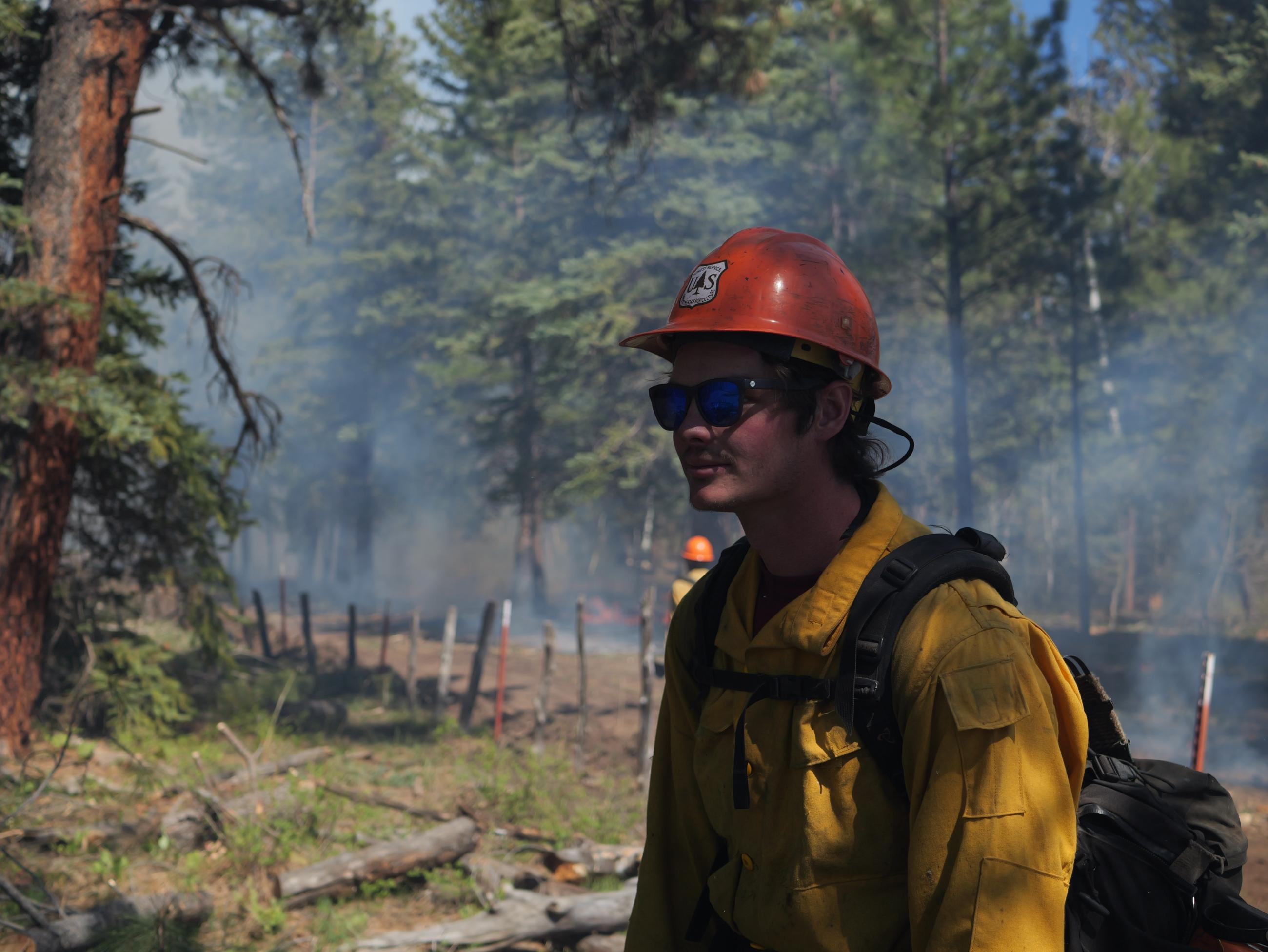 A firefighter in an orange helmet "watches the green", the unburned area of the forest on one side of the fire line.