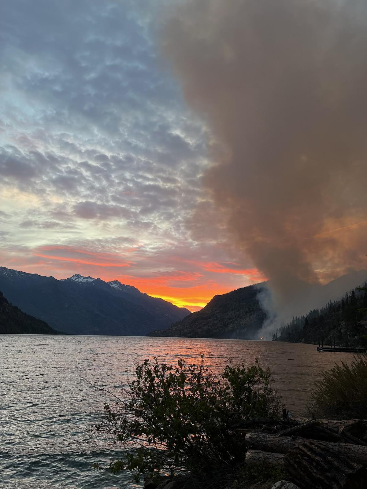 Looking up Lake Chelan at the Pioneer Fire at sunset, 6-14-24
