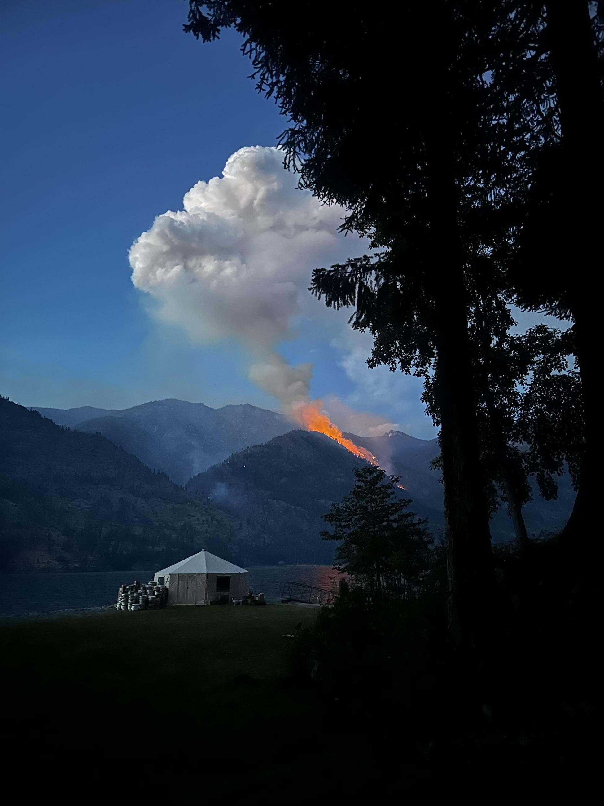 Pioneer Fire from Lucerne 6-18-24, showing the fire burning actively in the Cascade Creek drainage.