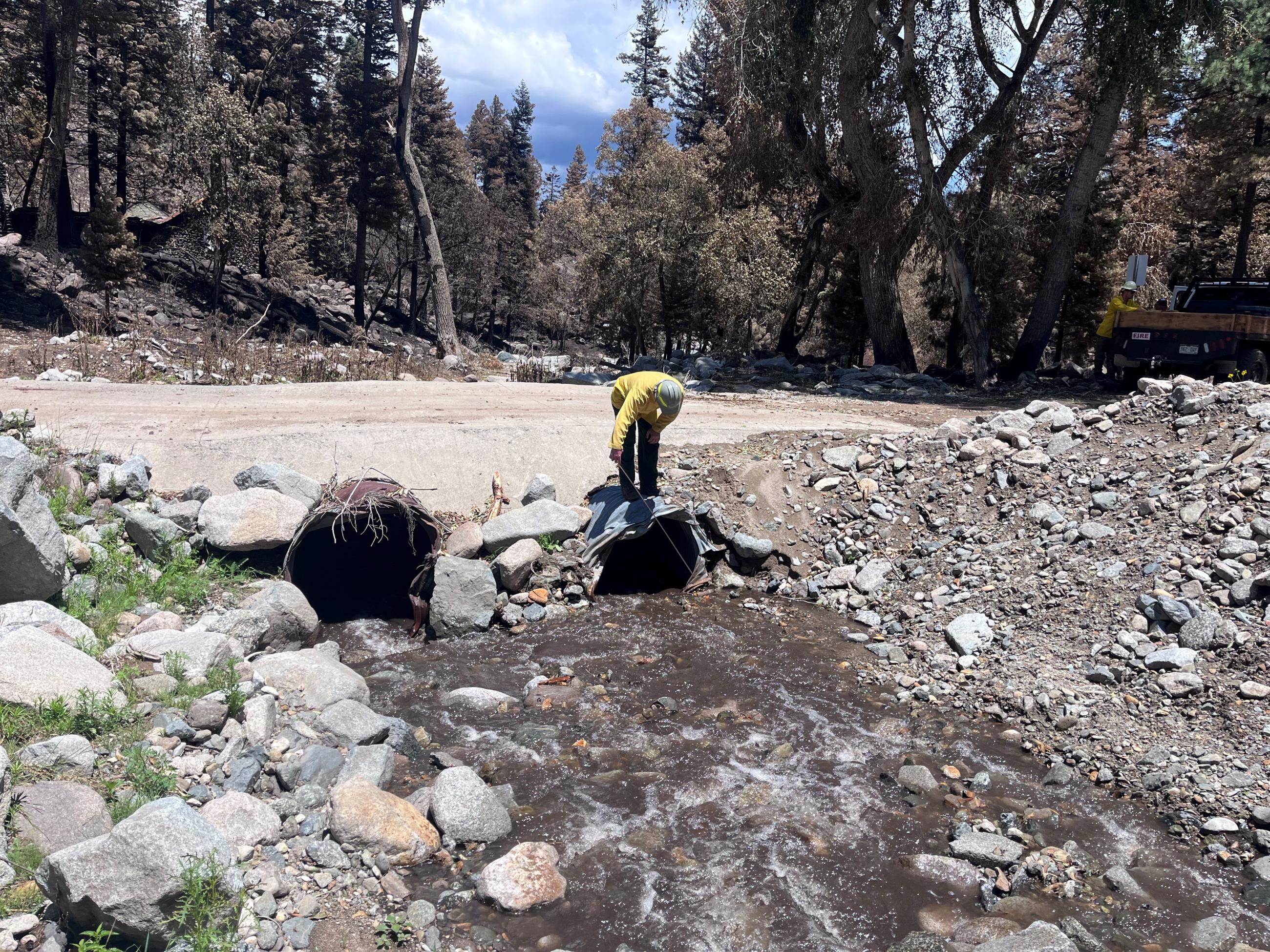 Image showing a BAER soil scientist measuring a culvert opening along a dirt road in the South Fork Fire burn area