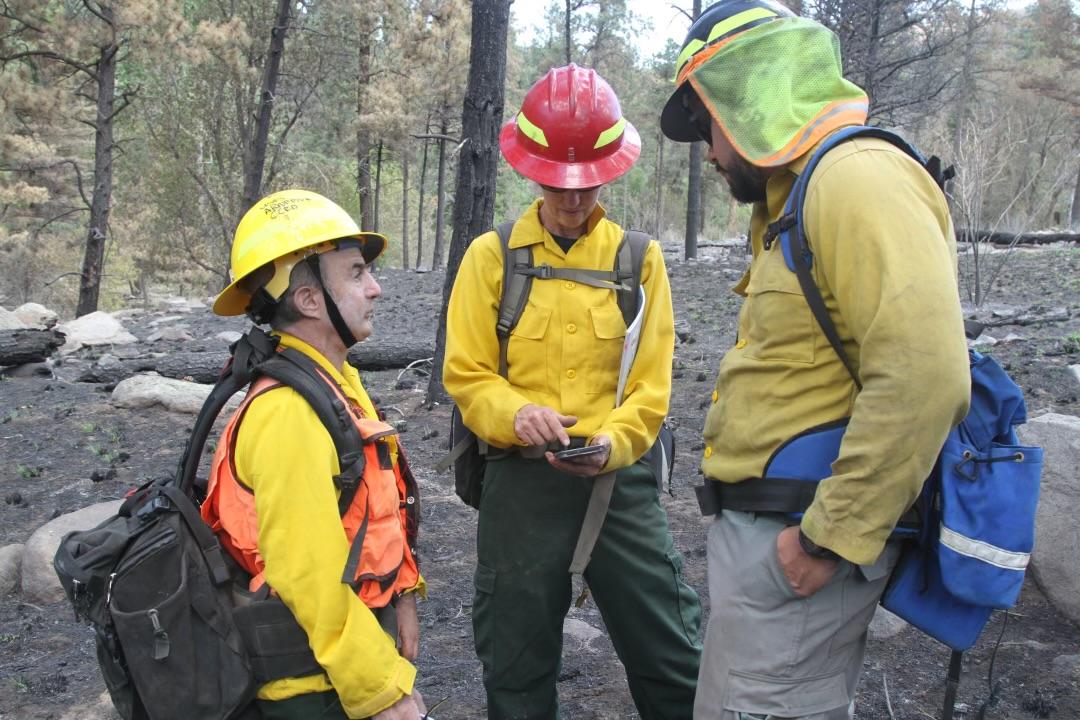 BAER Team members consult their map before moving to the next sample site on the Blue 2 Fire June 6, 2024