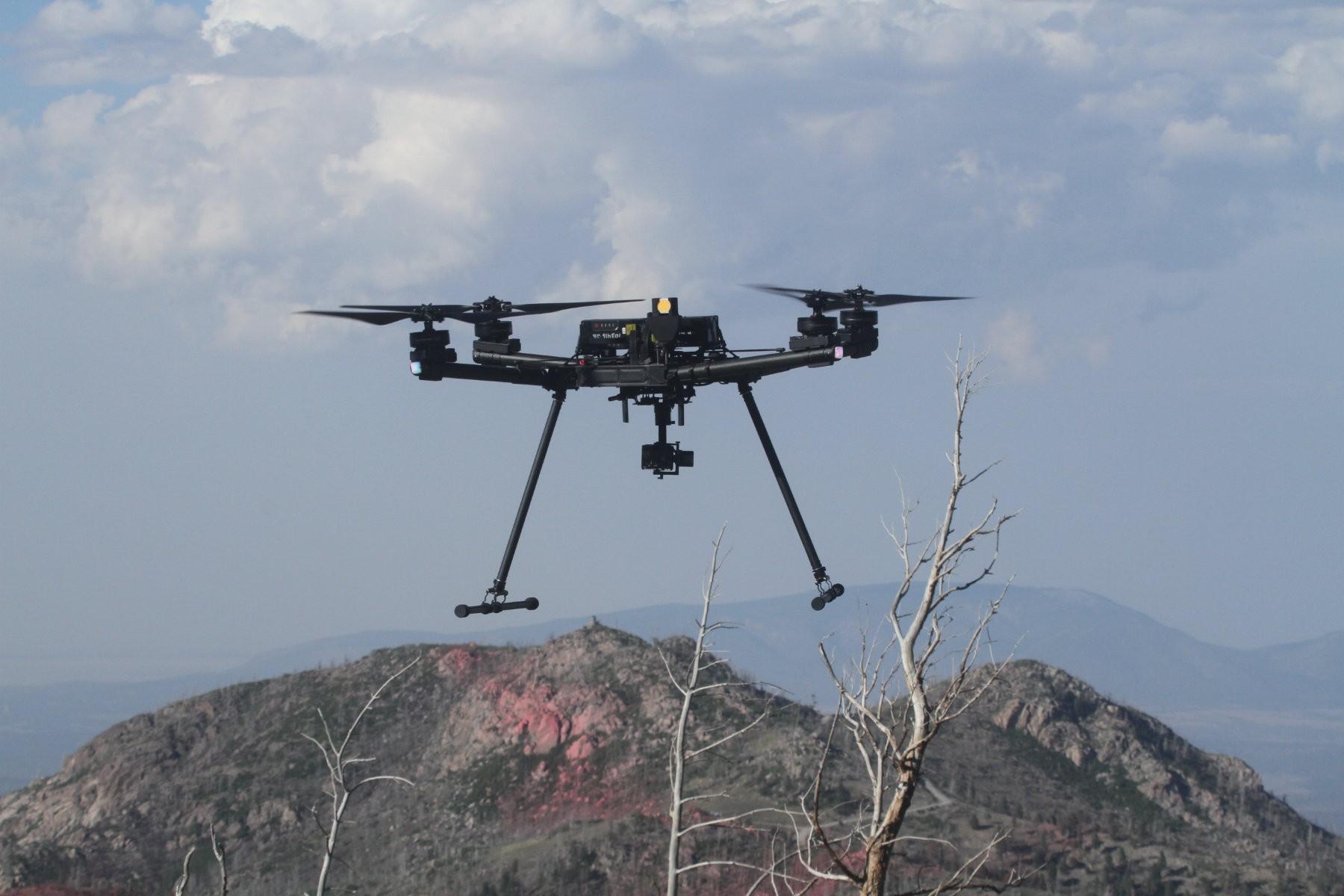 Drone launched to conduct Infrared flights to help find hot spots in the fire area of the Blue 2 Fire. 