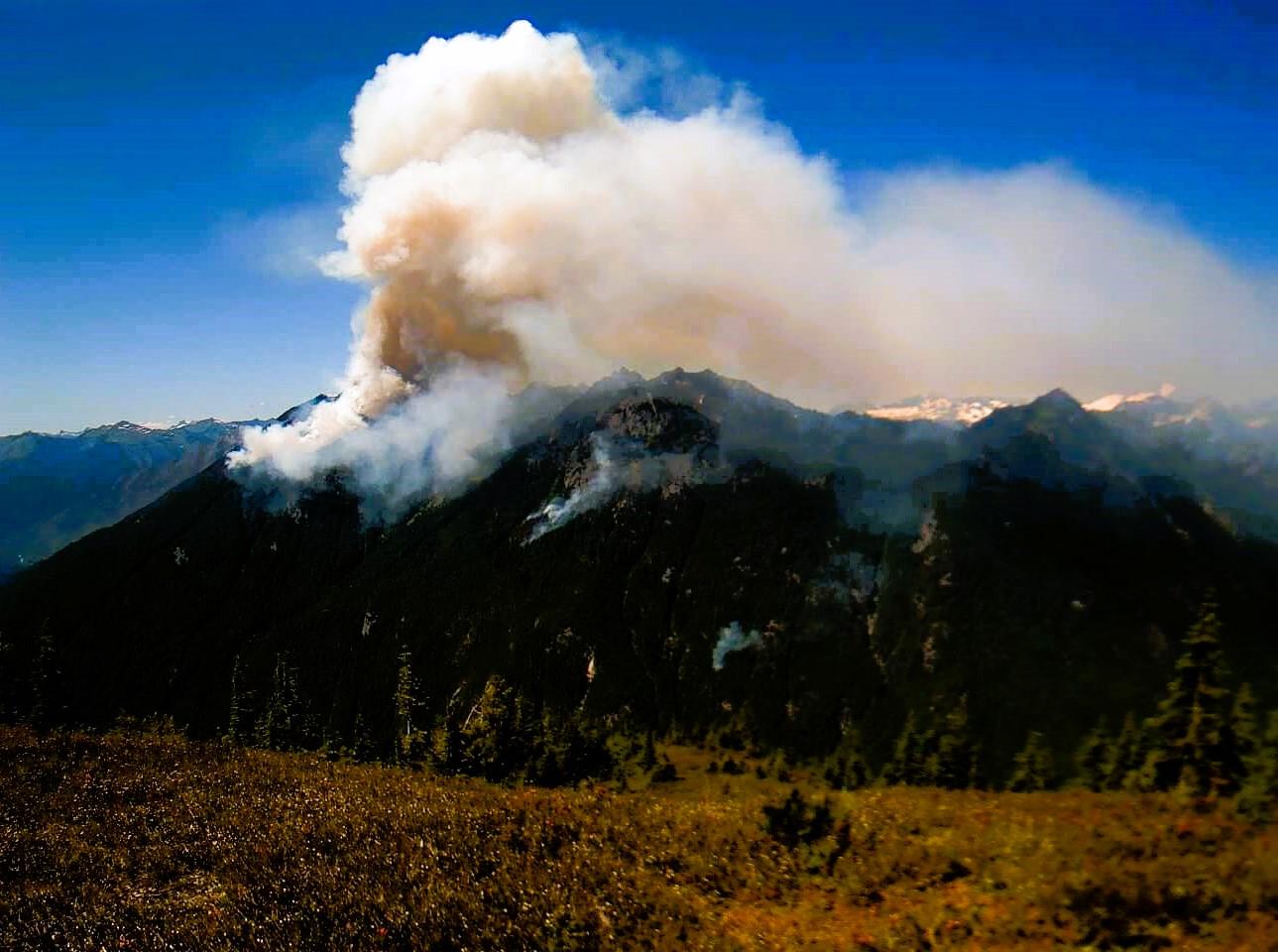 Smoke billows above Sulphur Mountain on the Mt. Baker-Snoqualmie National Forest on July 19th, 2024